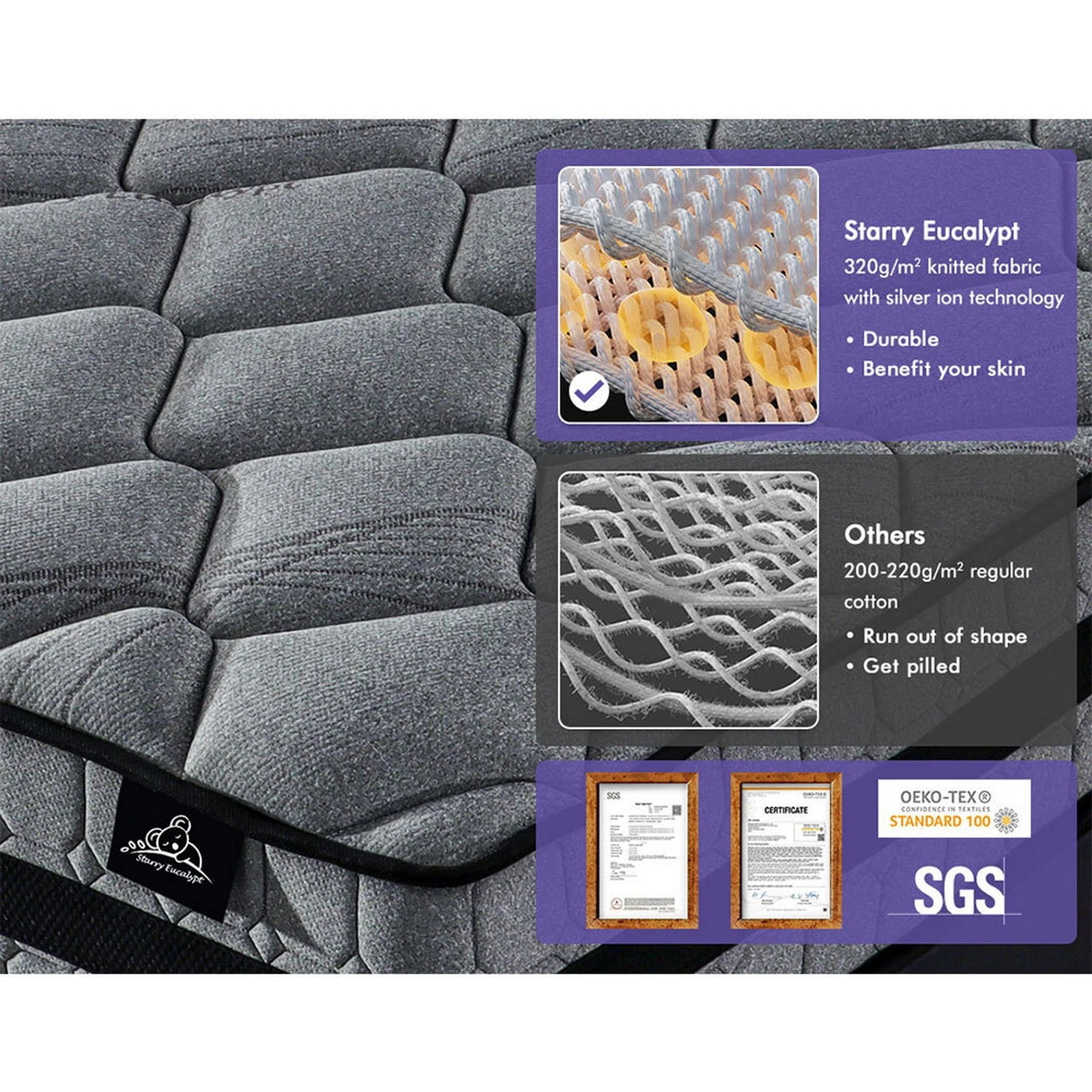 4 Starry Eucalypt Mattress Pocket Spring 3D Mesh Fabric 26cm 7 zone - Double Bed, 4 of 10