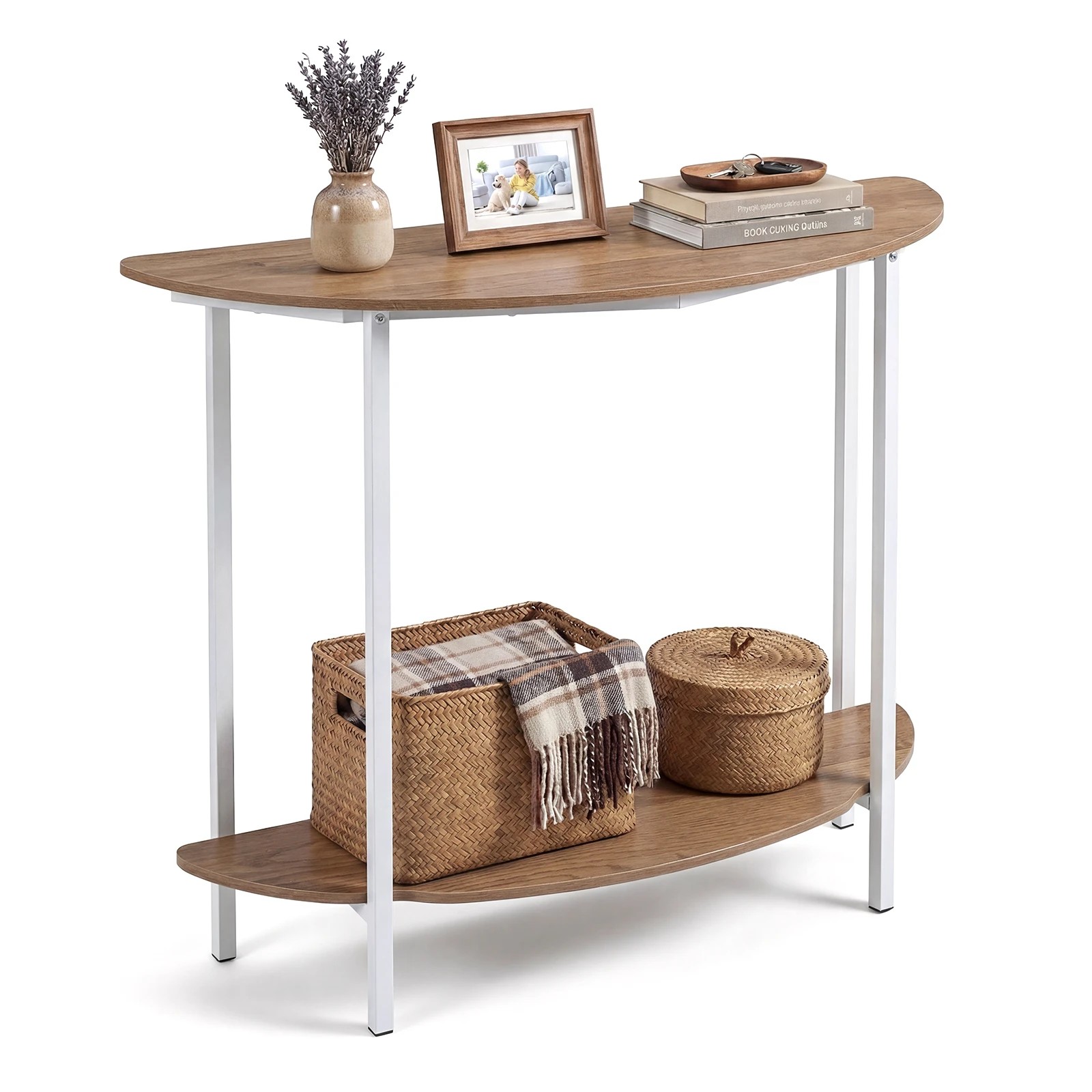 5 Costway Half-moon Console Table 2-Tier Storage Shelf Entryway Hallway - Natural, 5 of 6