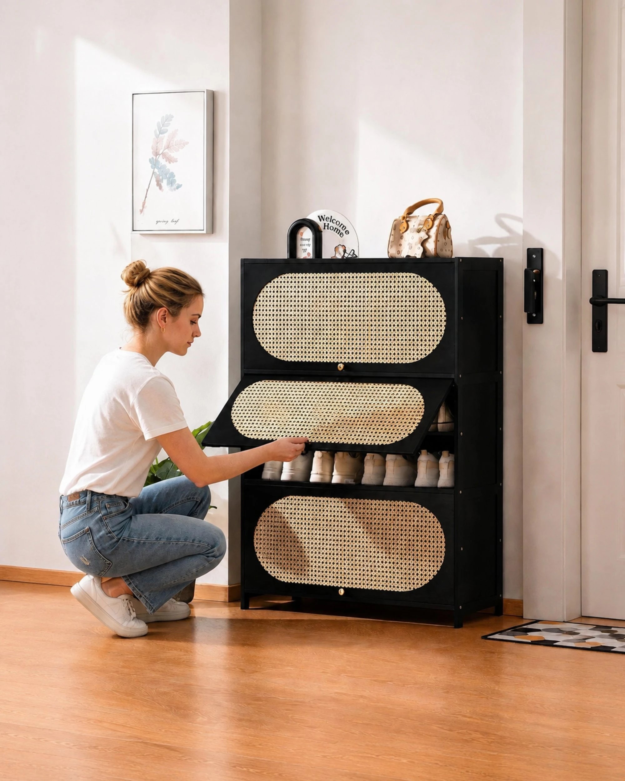 2 Foret 7 Tier Black Shoe Cabinet Rattan Flip Door Storage Organiser 80cm, 2 of 9