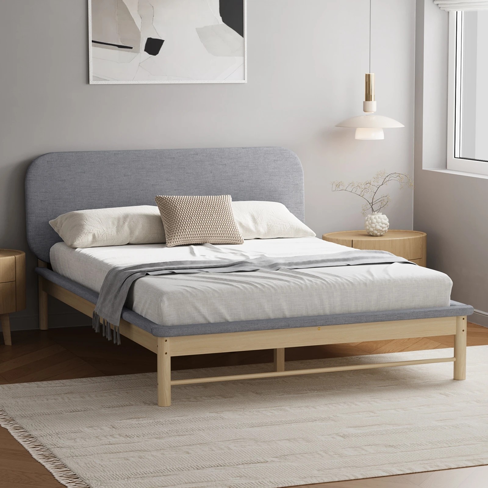 10 Oikiture Wooden Bed Frame With Padded Fabric Edges Pine Headboard Base Queen
 - Grey, 10 of 10