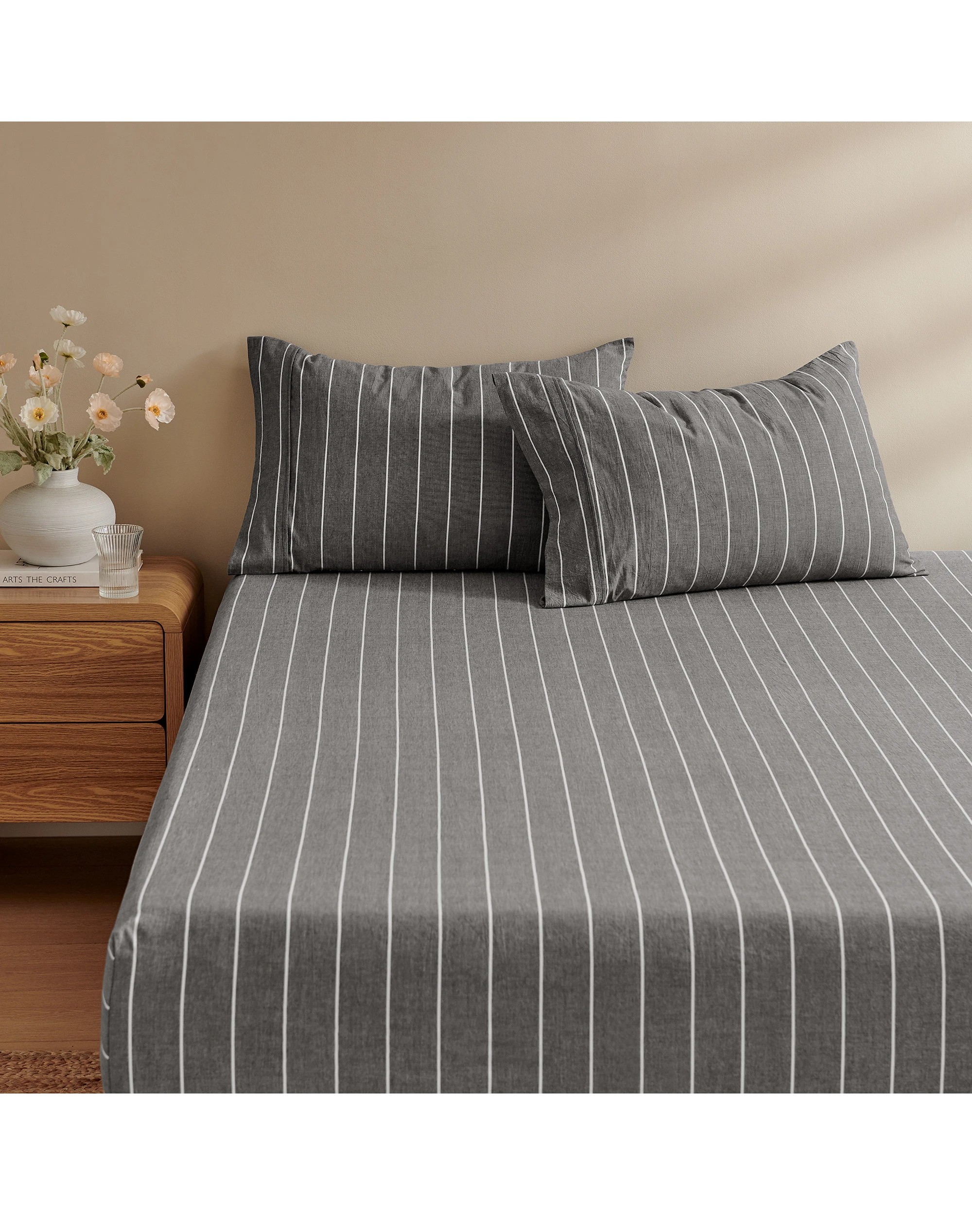 2 Dreamaker Rumi Stripe Washed Cotton Fitted Sheet Set - King Single Bed - Graphite with White, 2 of 6