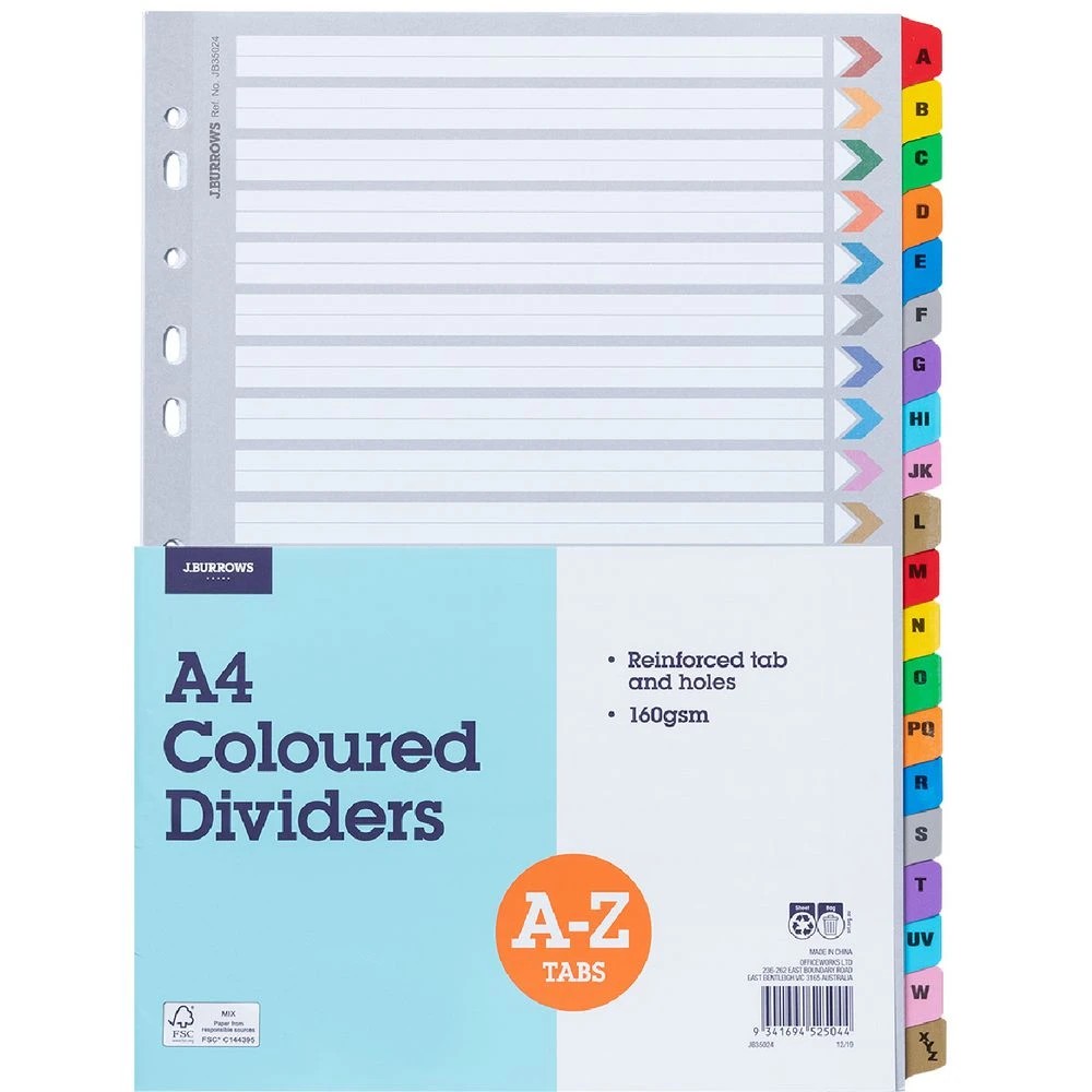 1 J.Burrows A4 A-Z Tab Dividers Paper 20 Tabs, 1 of 3