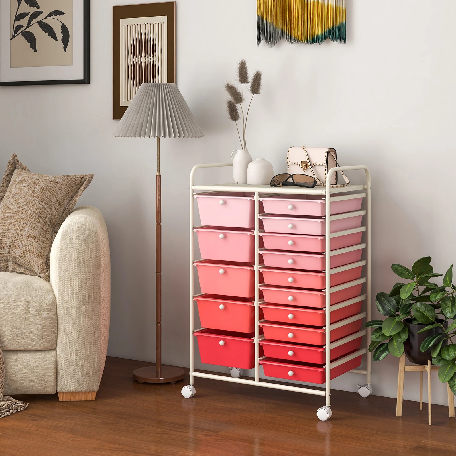 4 Costway 15 Drawers Rolling Storage Cart Mobile Utility Trolley - Pink, 4 of 6