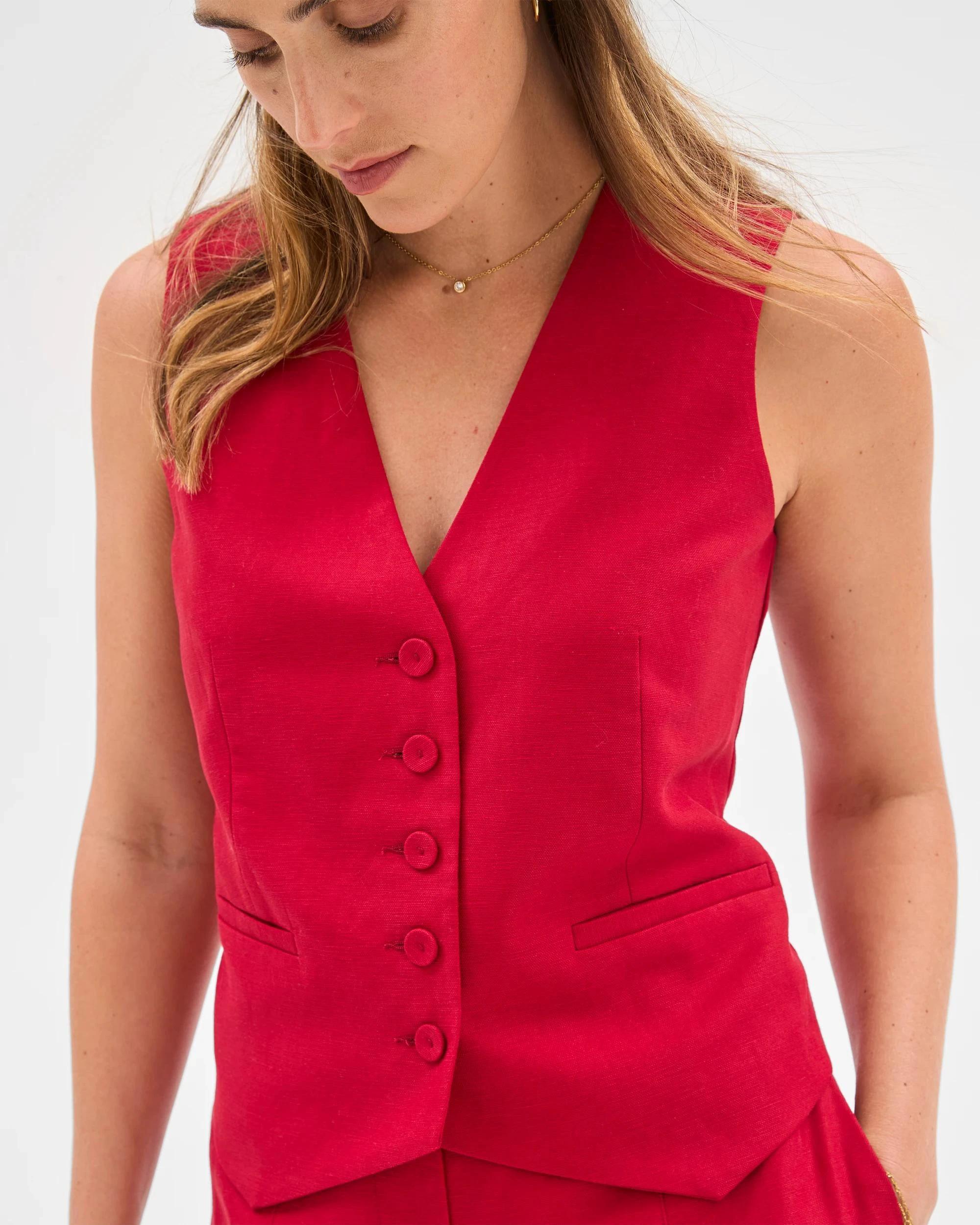 5 Preview Linen Blend Short Vest CRIMSON, 5 of 6