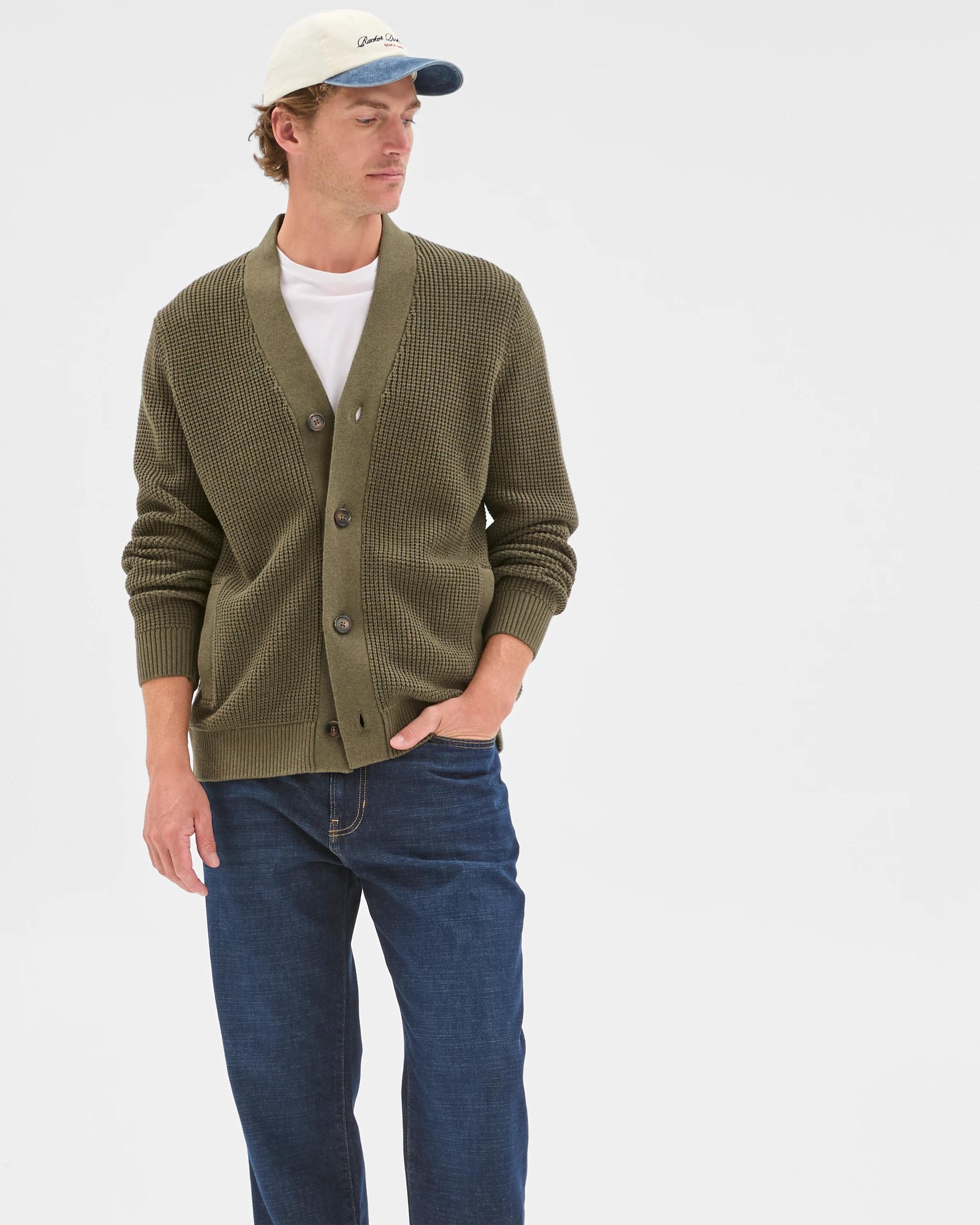 1 Target Man Australian Cotton V-Neck Waffle Knit Cardigan KHAKI, 1 of 6