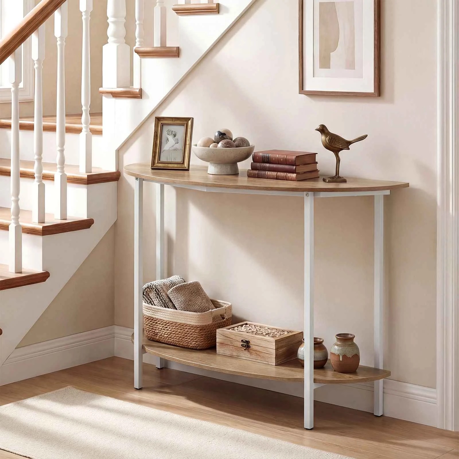 3 Costway Half-moon Console Table 2-Tier Storage Shelf Entryway Hallway - Natural, 3 of 6