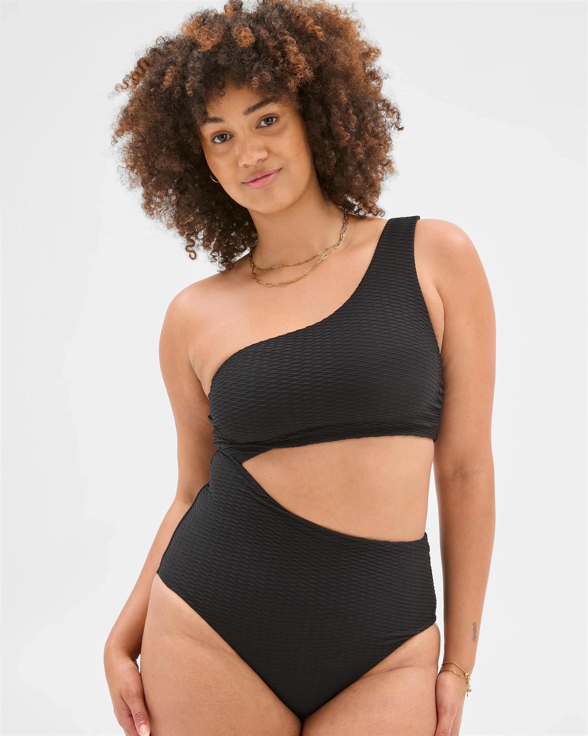 3 Target Textured One Shoulder One Piece Swimsuit BLACK, 3 of 6