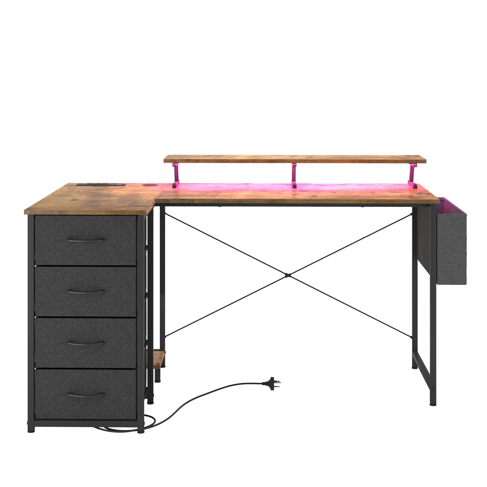 3 Advwin 140cm Walnut L Shaped Computer Desk With Led Lights & Power Outlets, 3 of 9