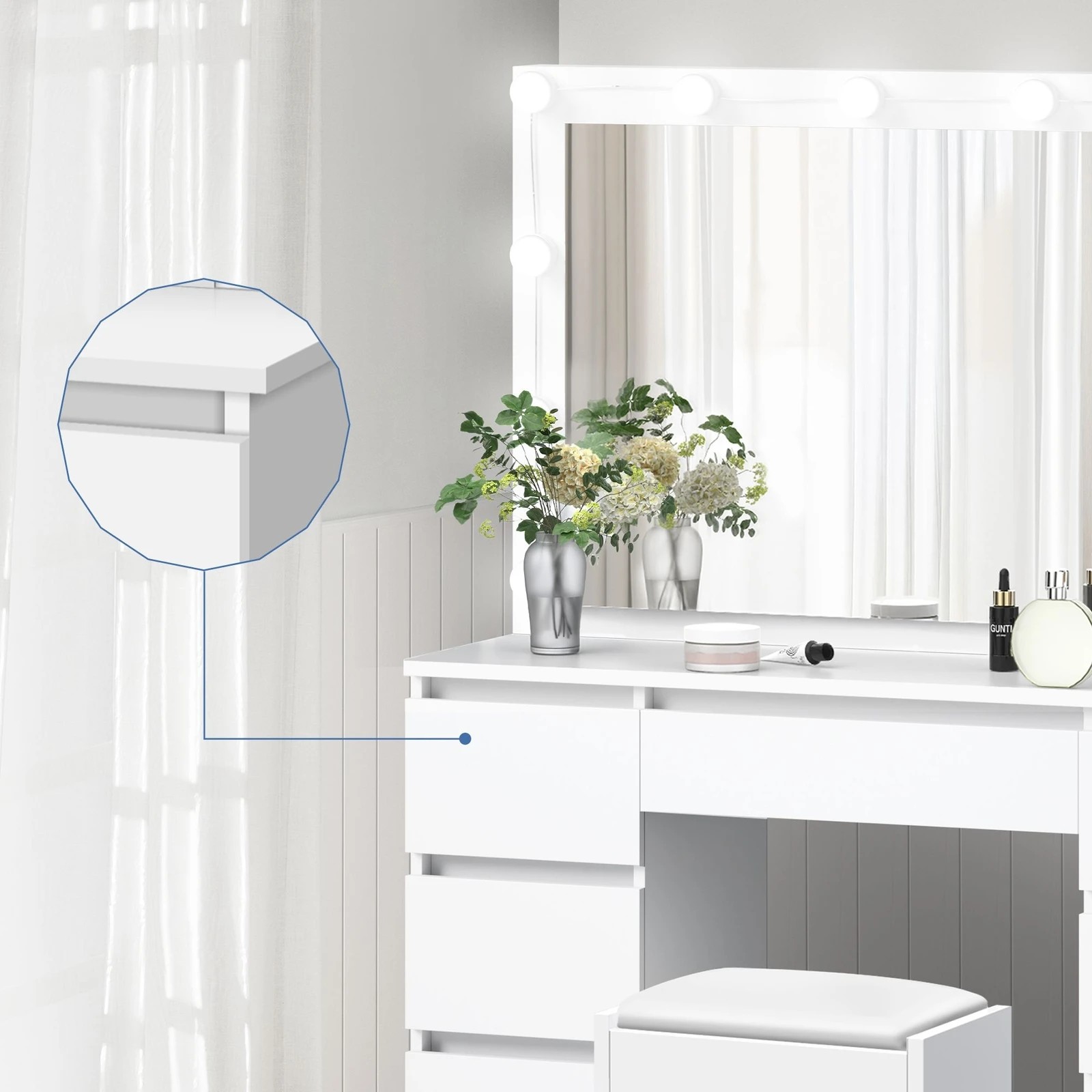 8 Alfordson Dressing Table Stool Set Makeup Mirror Desk LED 12 Bulbs - White, 8 of 10