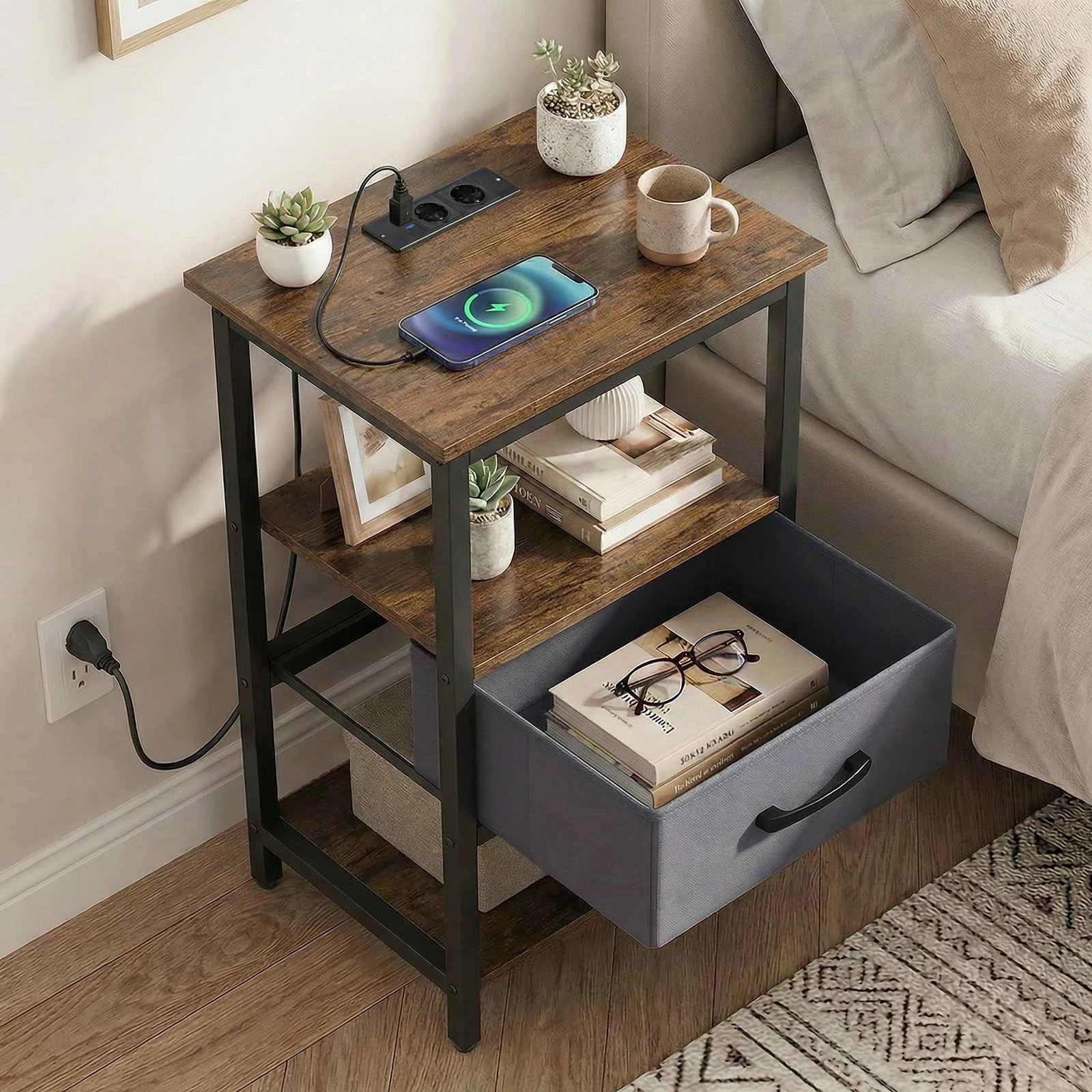 3 Costway Industrial Bedside Table Nightstand w/Drawer & Power Outlets, 3 of 4