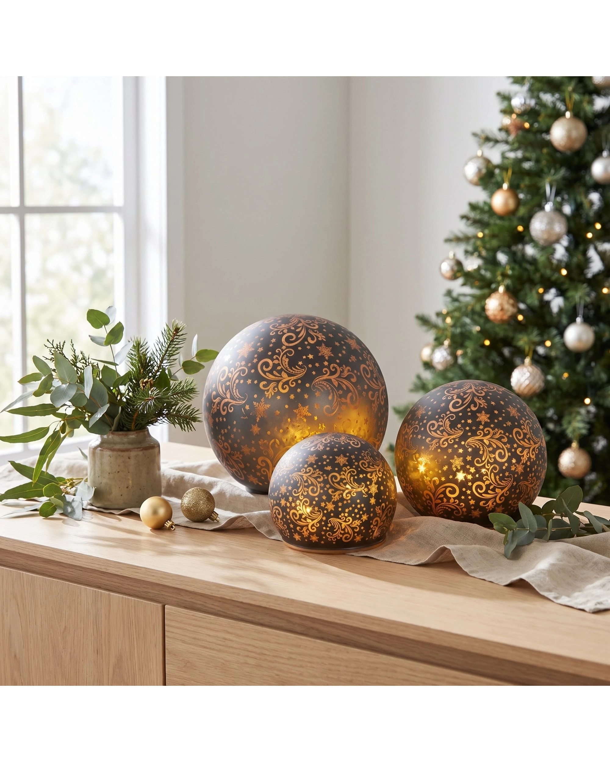 4 Christabelle 3-Piece Silver Glass Christmas LED Spheres with Gold Scrollwork - Gold, 4 of 6