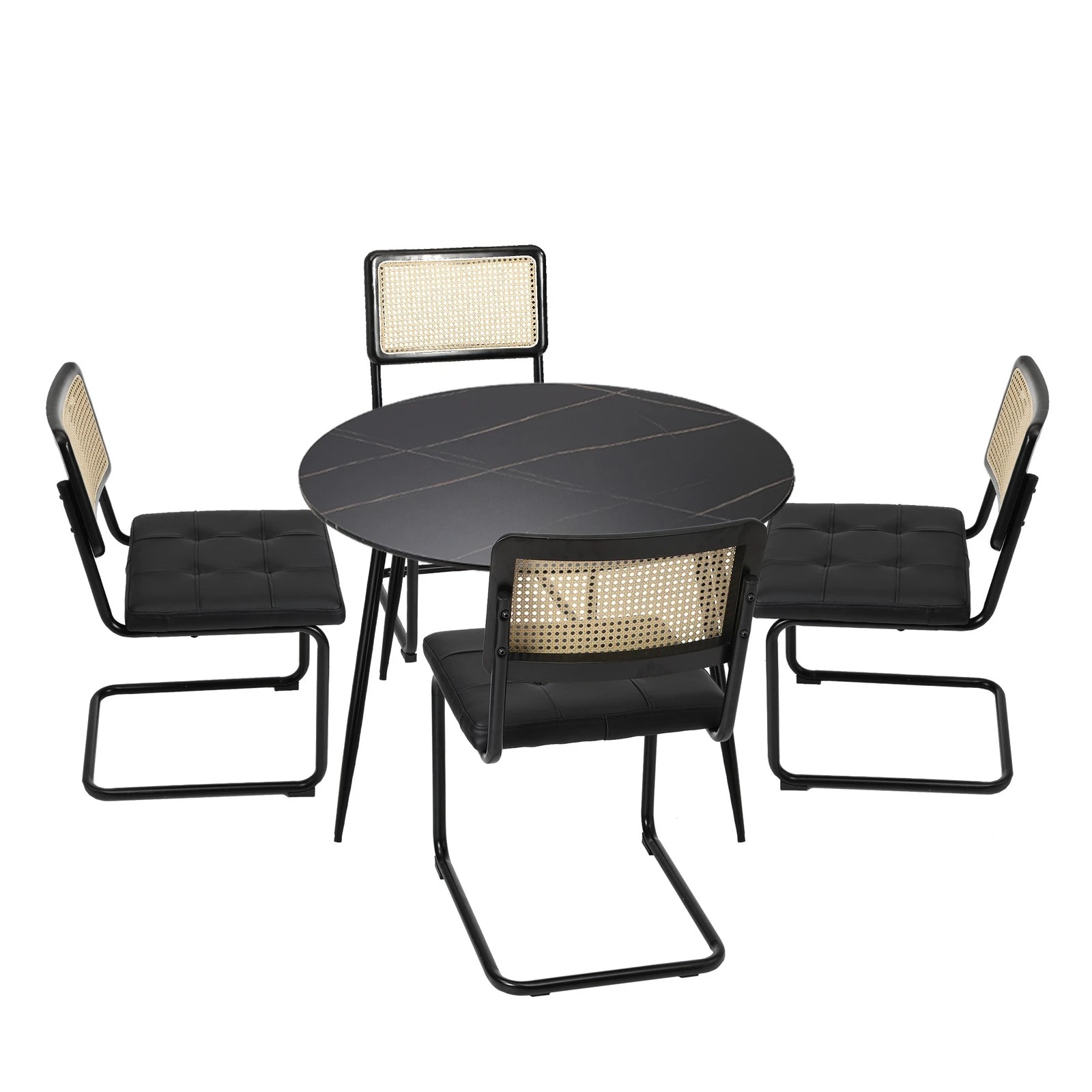 7 Oikiture 5PCS Dining Table Set 1.1m Round Dining Table and Chairs PU Leather Padded Seat - Black, 7 of 9