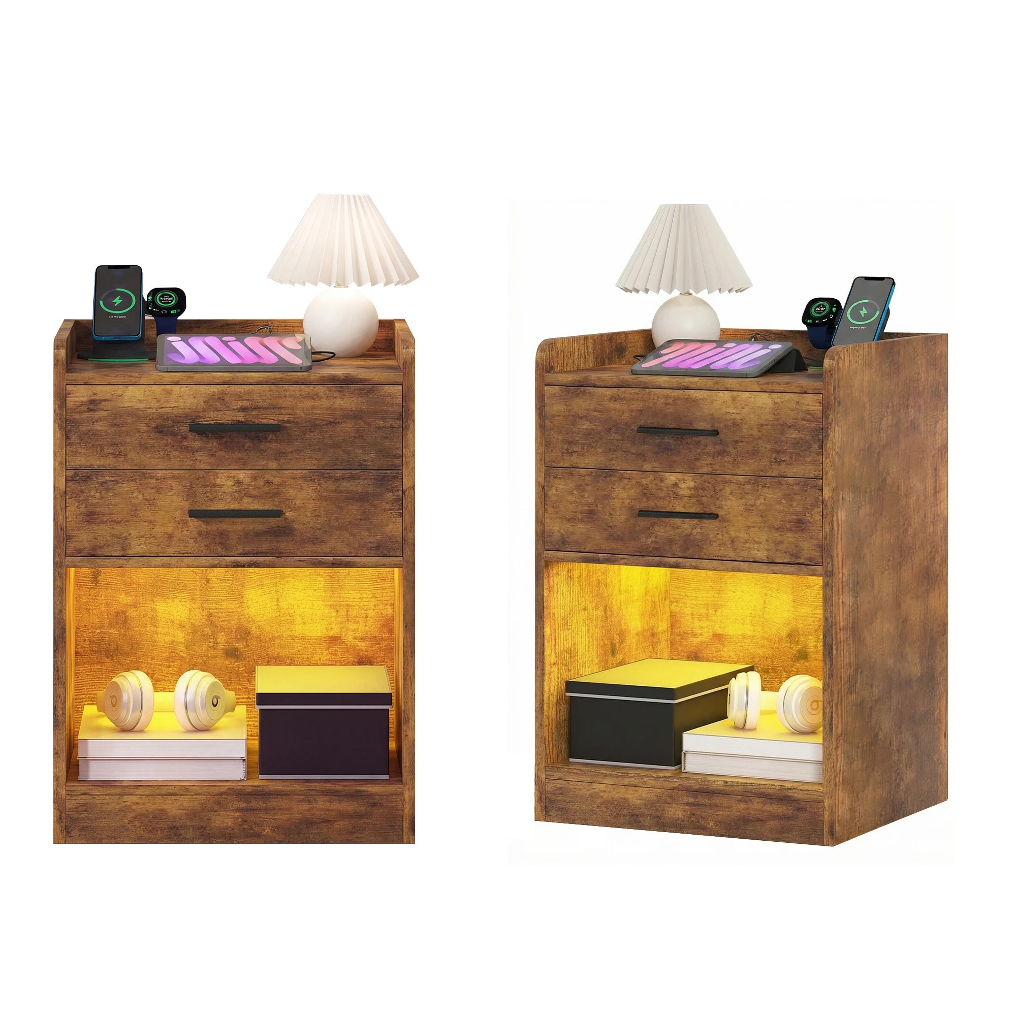 1 Advwin LED 2x Bedside Table with Charging Station 2 Drawers Nightstand - Brown, 1 of 8