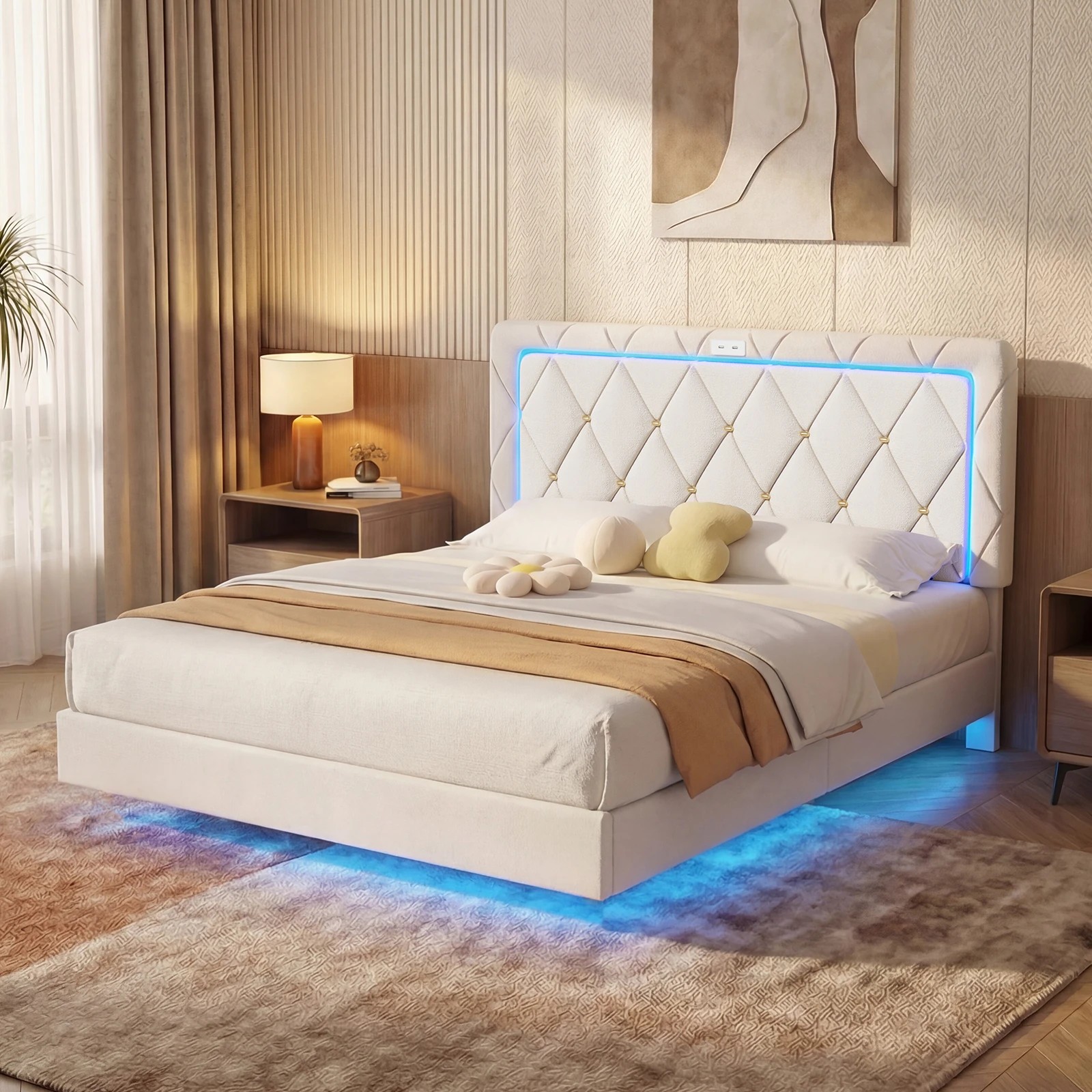 8 Advwin Double Velvet Button-Tufted Floating Bed Frame with LED and USB - Beige, 8 of 9