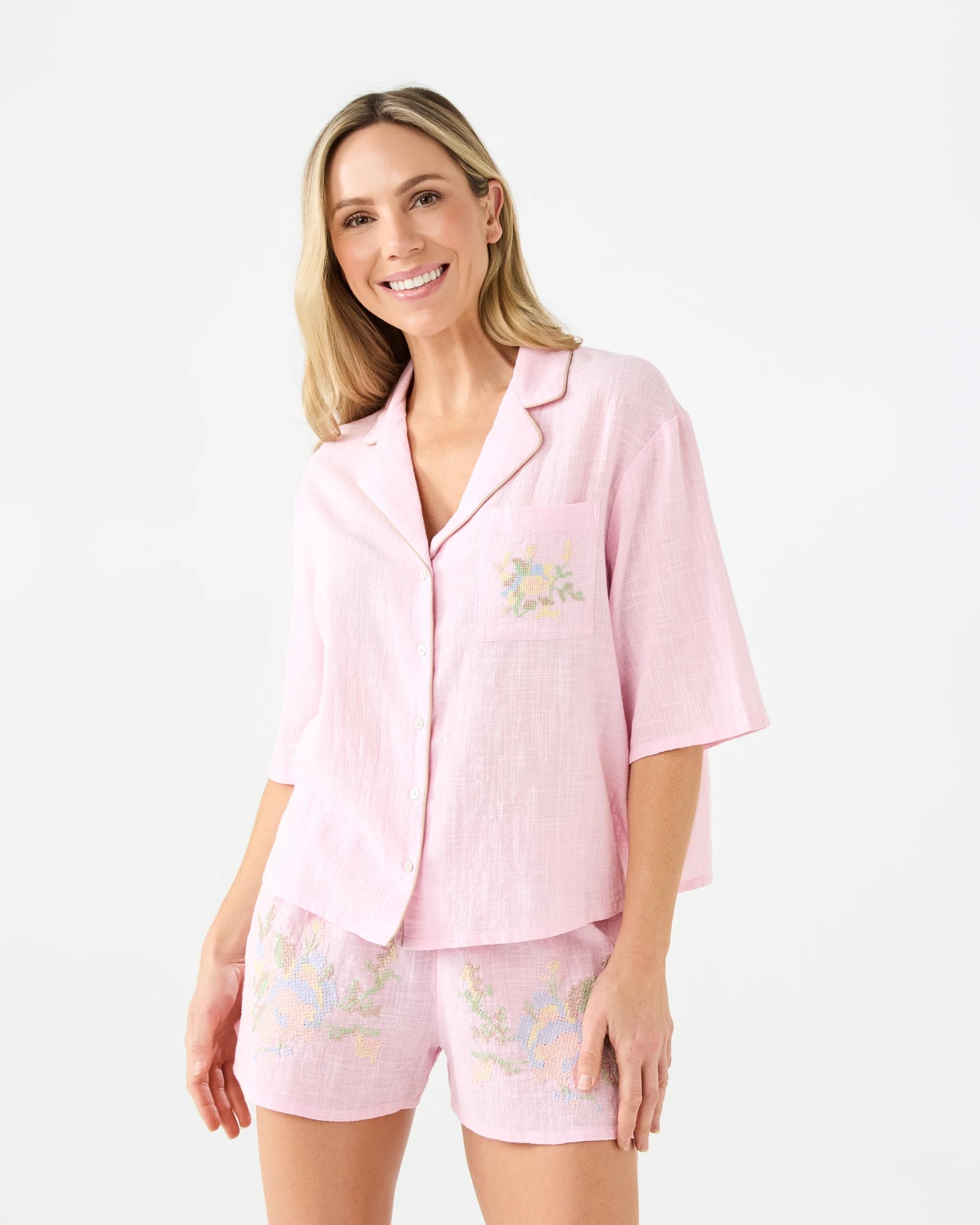1 Cotton Slub Short Sleeve Top and Shorts Pyjama Set Stitch Frl, 1 of 8