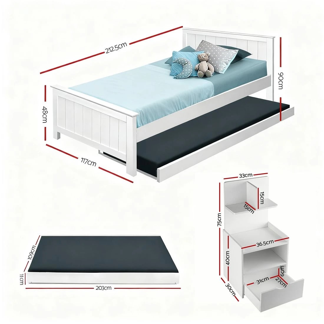 4 Artiss King Single Bed Frame and Bedside Table - White, 4 of 9