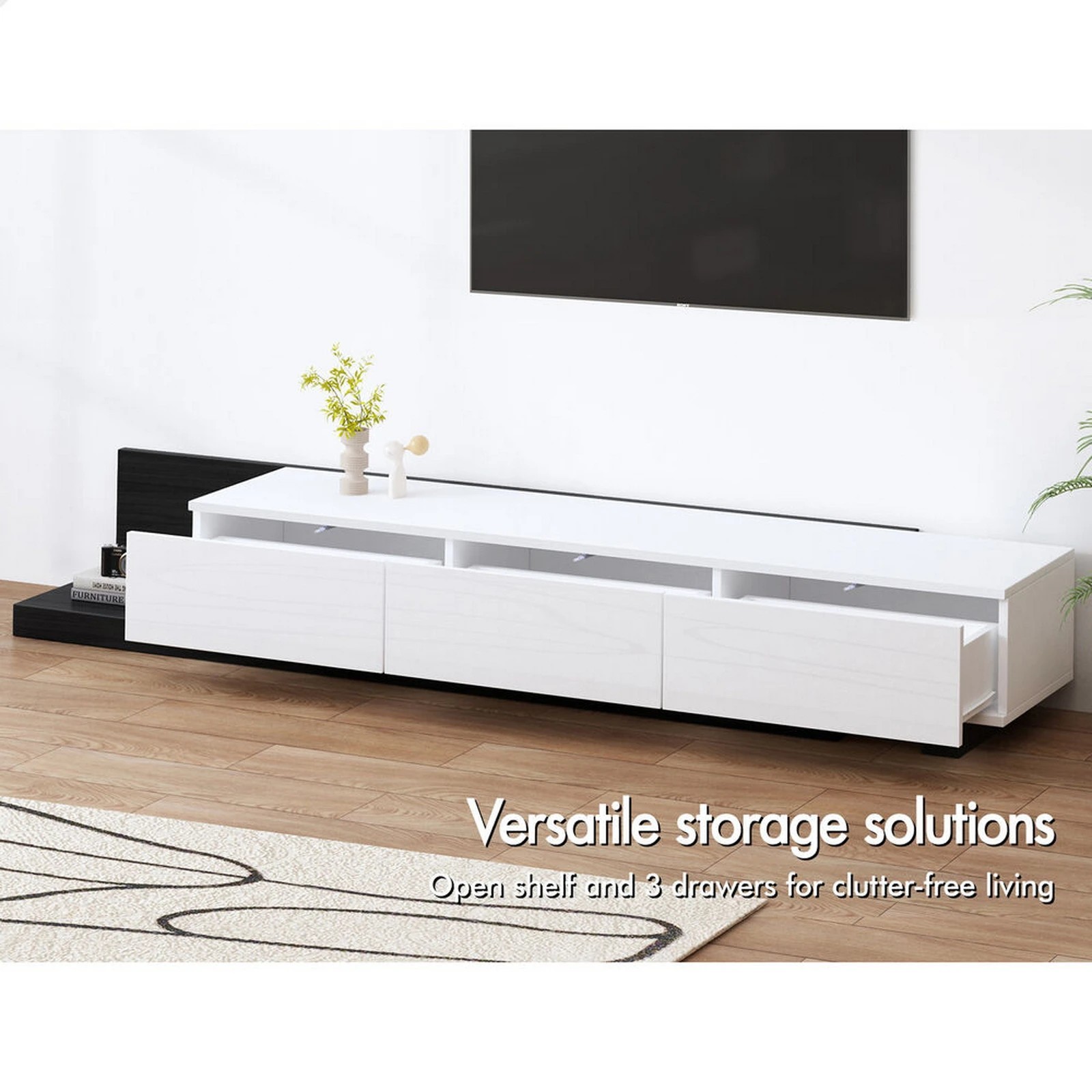 5 Alfordson 200-380cm Extendable Entertainment Unit TV Cabinet Stand Storage Shelf - Black White, 5 of 8