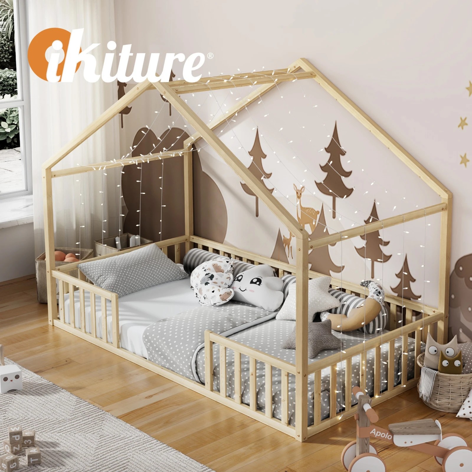 6 Oikiture King Single House Bed Kids Wooden Bed Frame - Natural, 6 of 10