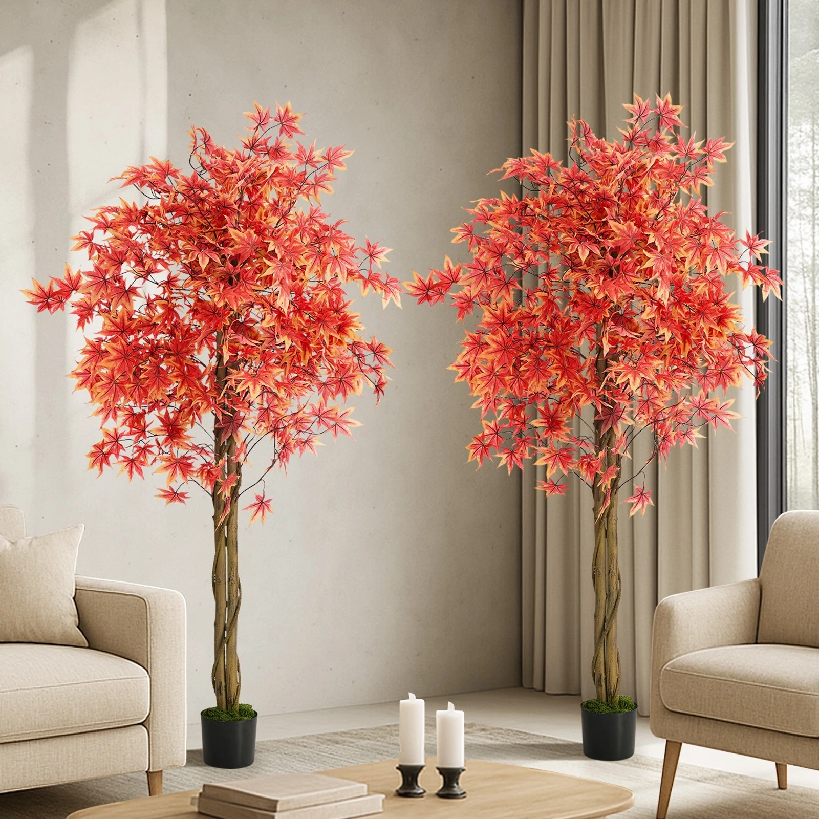 3 Livsip 2 Pack Artificial Red Maple Tree 180cm Potted Faux Plant Home Decor, 3 of 9
