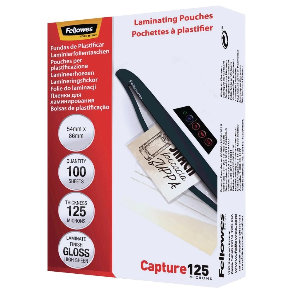 2 Fellowes Laminating Pouch 54 x 86mm 125 Micron Gloss 100 Pack, 2 of 5
