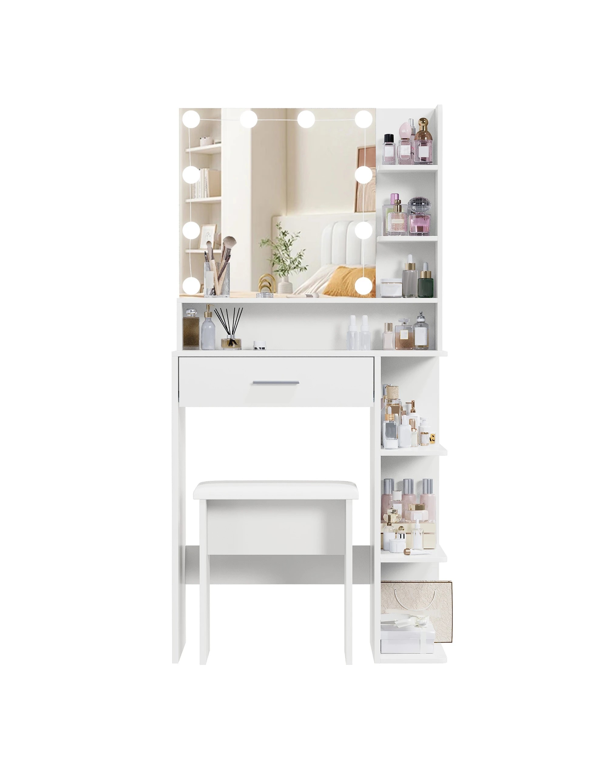 4 Advwin Dressing Table Stool Set LED Light Glass Top - Black, 4 of 9