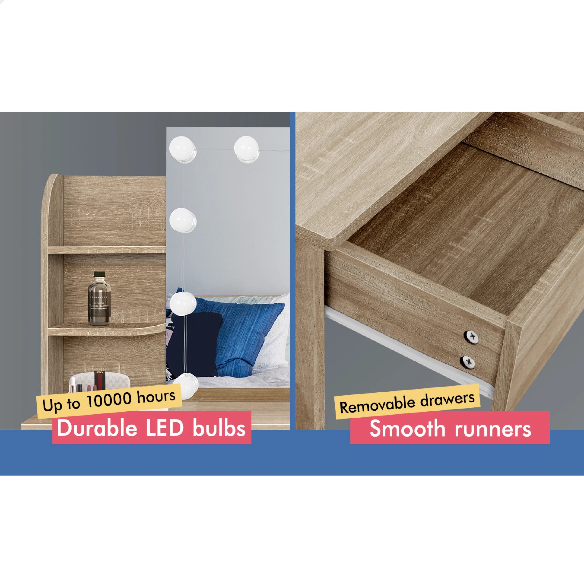 7 Alfordson Dressing Table Stool Set Makeup Mirror Vanity Desk LED Bulbs - Wood, 7 of 10