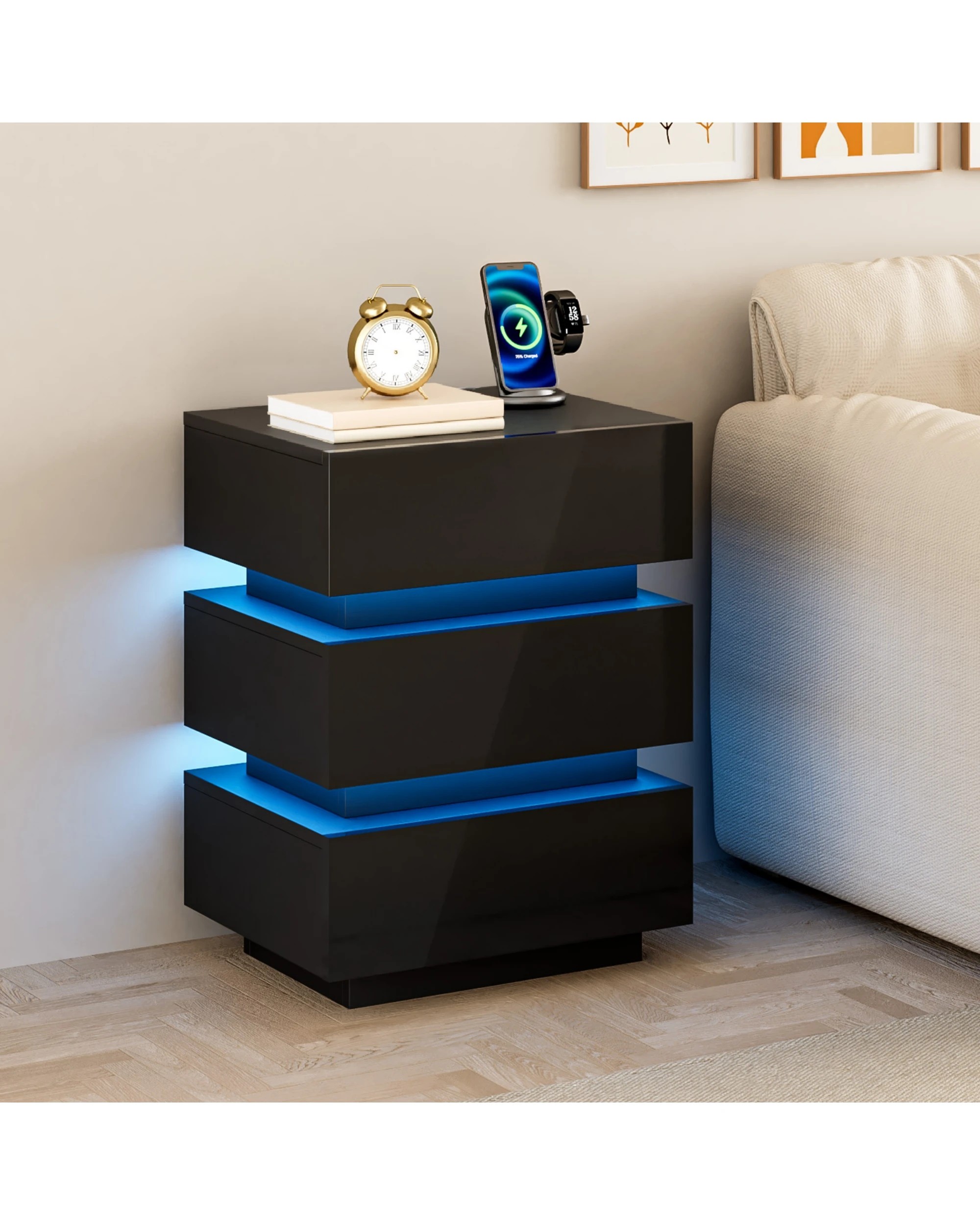 5 Advwin Bedside Table 3 Drawers With with Charging Station & LED Light - Black, 5 of 7