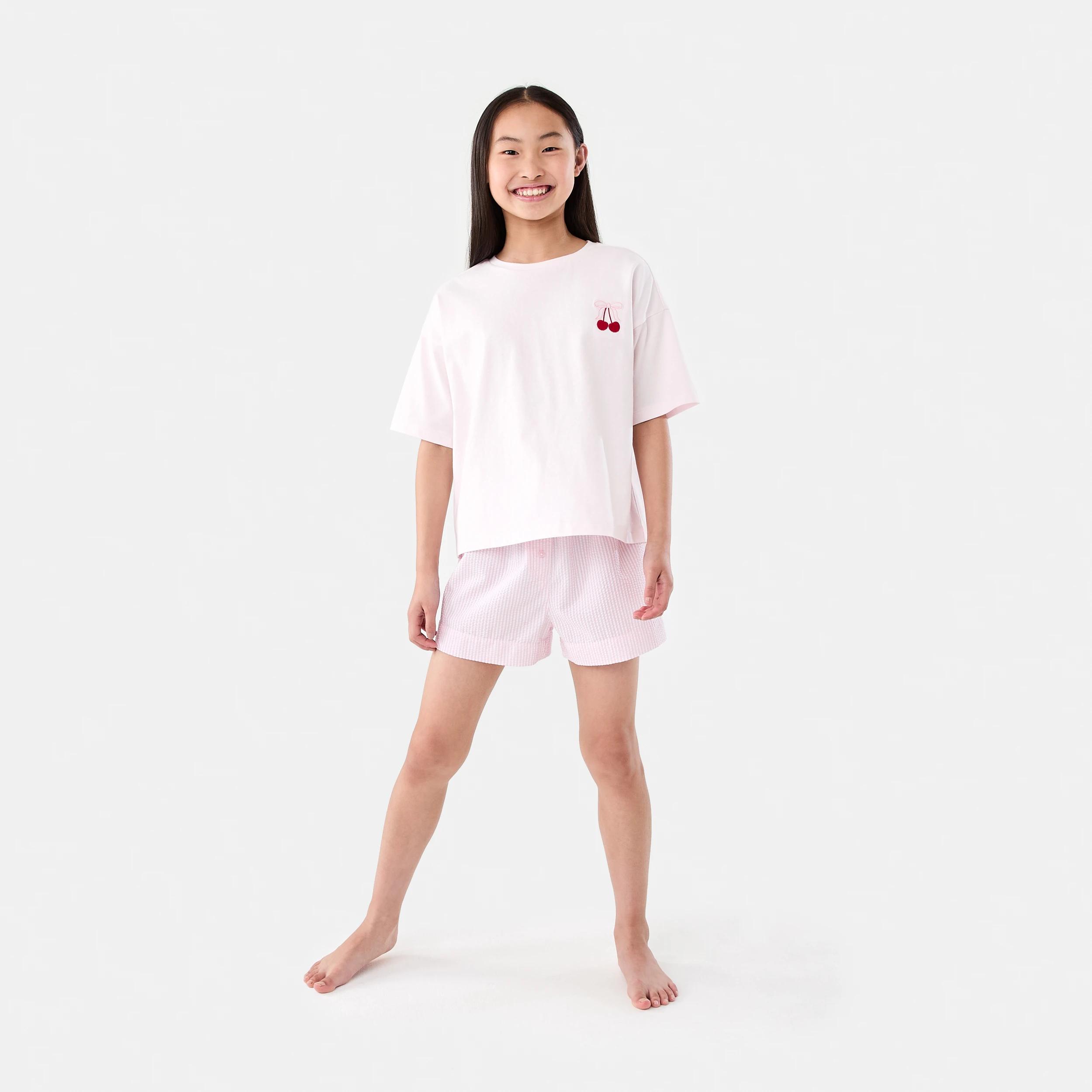 1 Short Sleeve Knit Woven Pyjama Set PINK STRIPE, 1 of 7