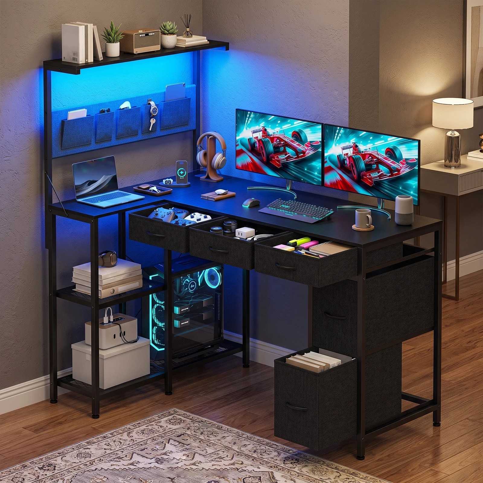 6 Advwin Gaming Desk with Power Outlets Reversible Corner Computer Desk with Storage Shelf Fabric Drawer and Bag - Black, 6 of 6