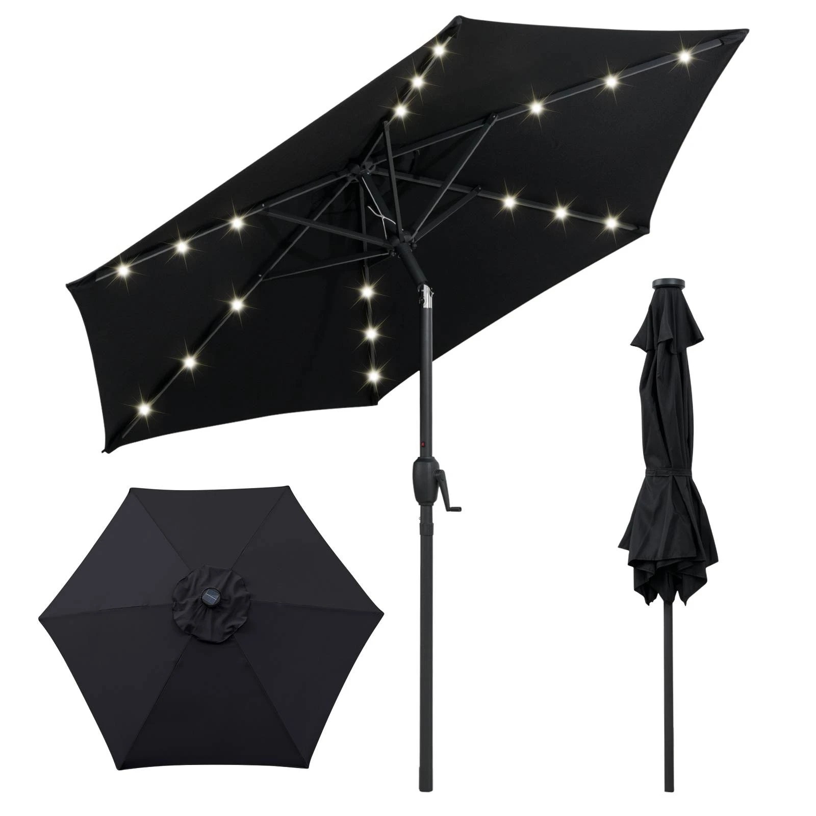 1 Costway 2.3M Solar Patio Umbrella w/18 LED Lights Push Button Tilt Outdoor Heavy-Duty - Black, 1 of 3