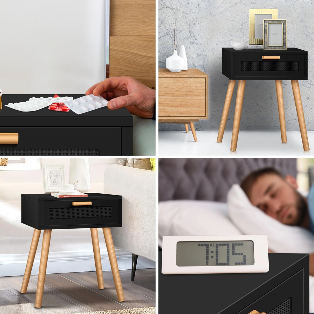 2 Alfordson Bedside Table Nightstand Side Storage Drawer Wooded Rattan - Black, 2 of 10