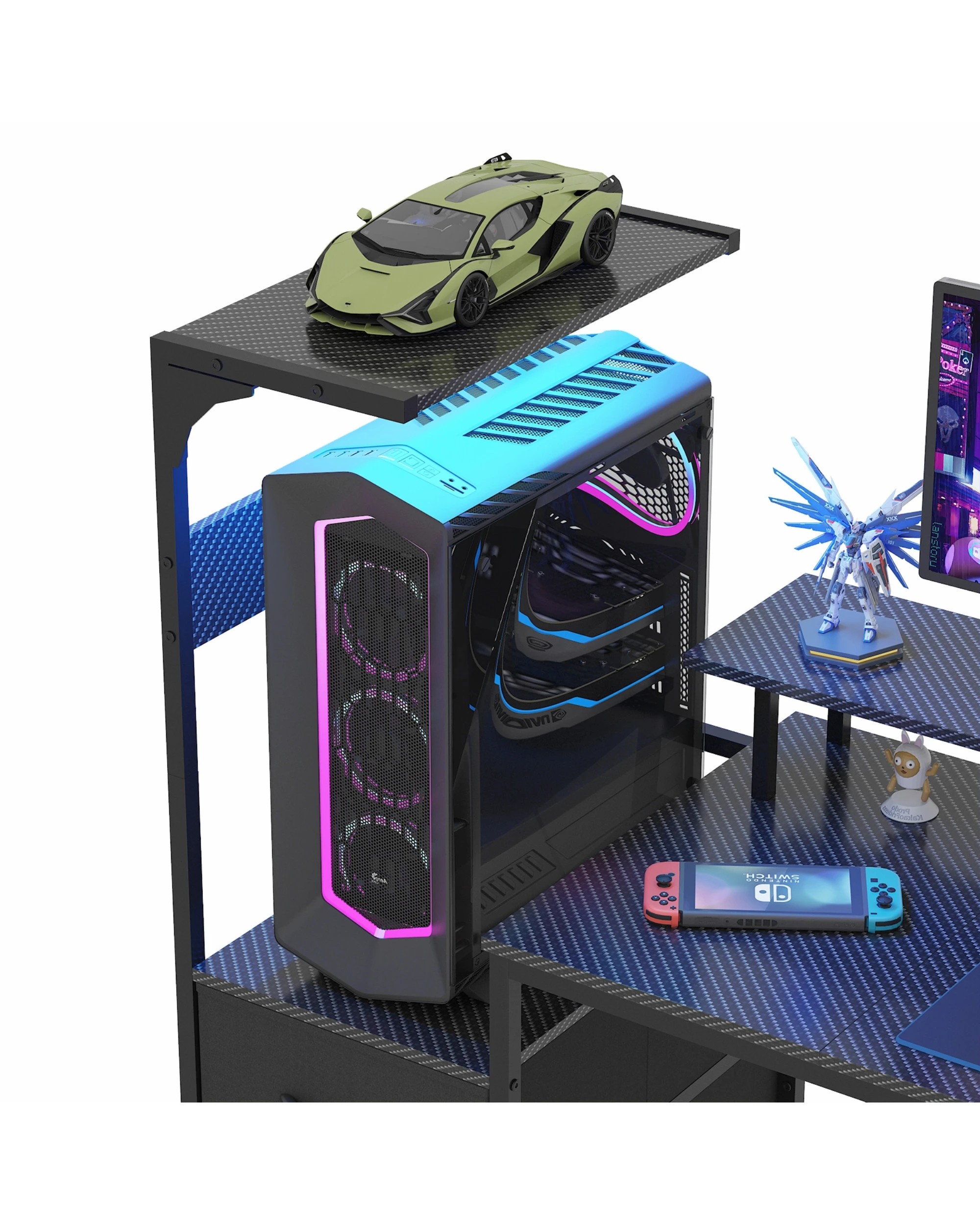 7 Advwin Gaming Desk with LED Lights & Power Outlets Reversible Storage Shelf 150cm Computer Desk, 7 of 10
