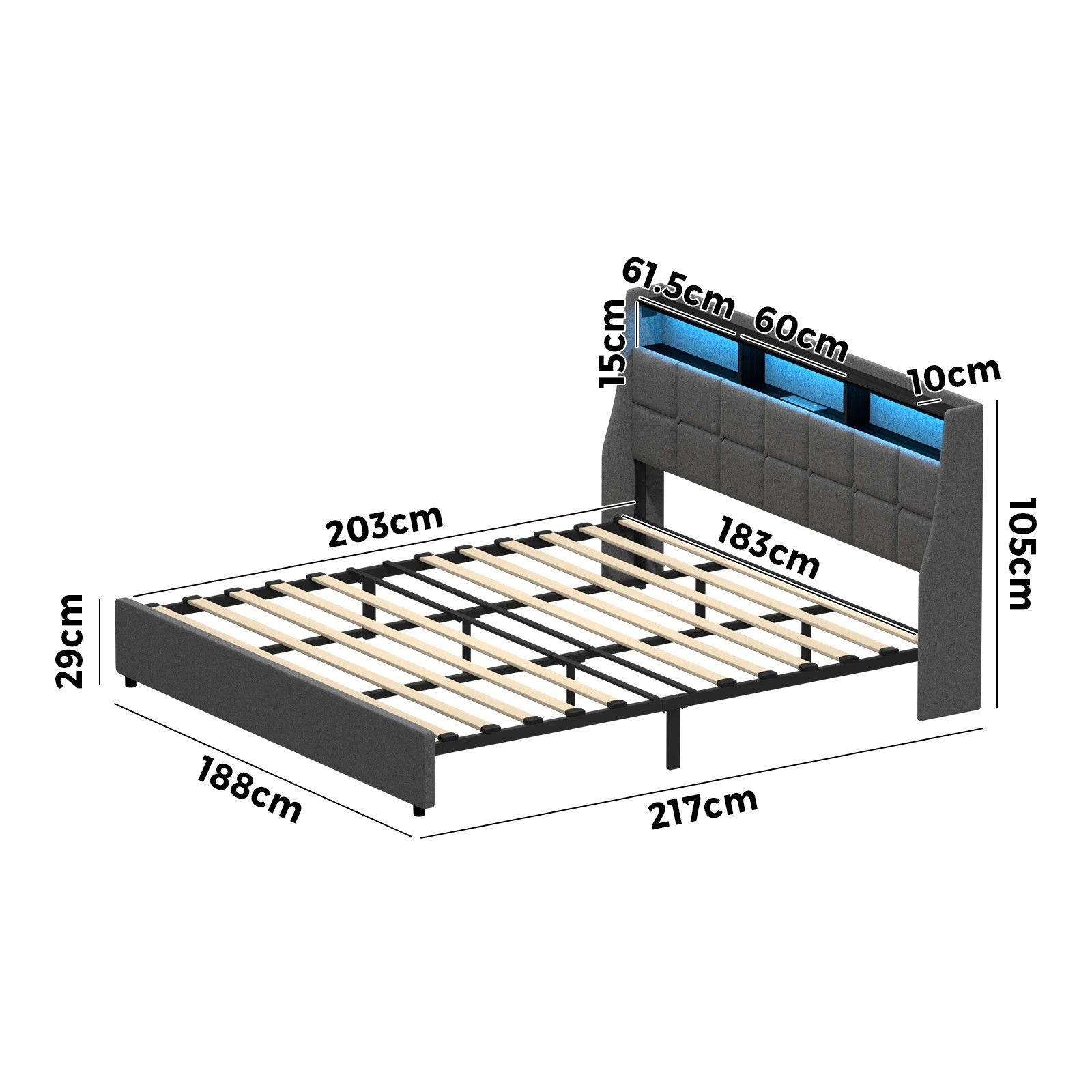 2 Oikiture King Size Bed Frame LED Storag Headboard & Charging Station - Grey, 2 of 7