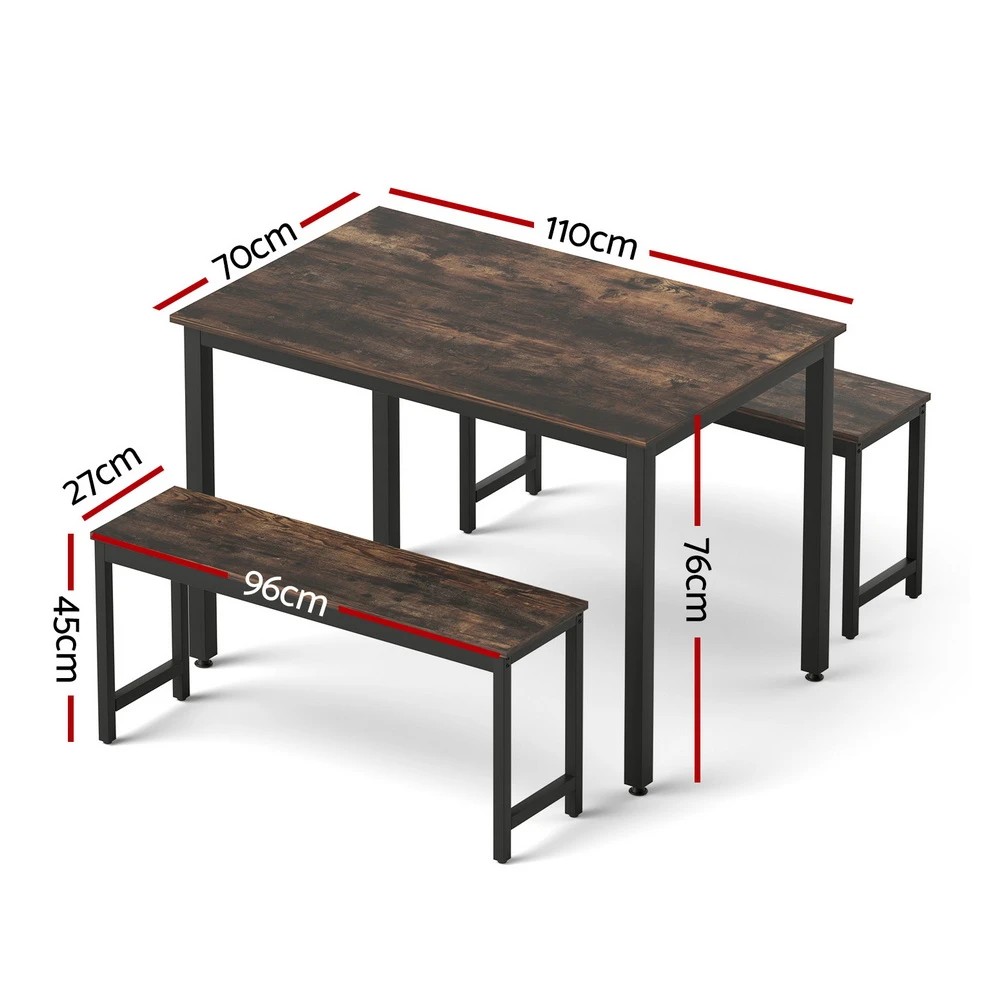 2 Artiss Dining Table and Chairs Set 3PCS Kitchen Metal Desk Bench Dark Walnut - Multi, 2 of 8
