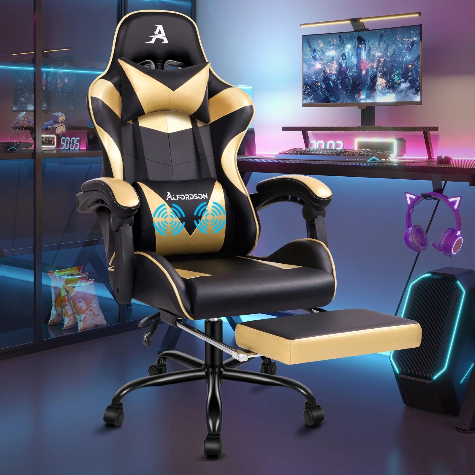 2 Alfordson Gaming Chair Office Executive Racing Footrest Seat PU Leather - Gold, 2 of 10