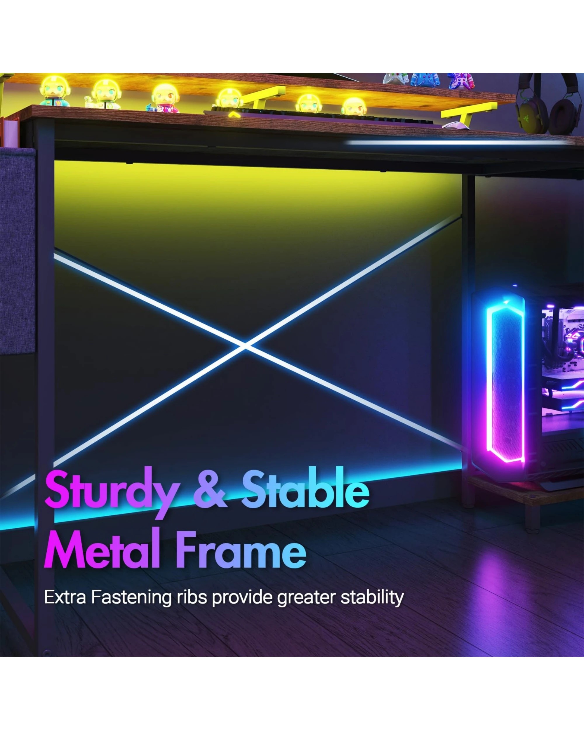 3 Advwin 160cm L Shaped Gaming Desk With Power Outlets Convertible LED Computer Desk Walnut, 3 of 4