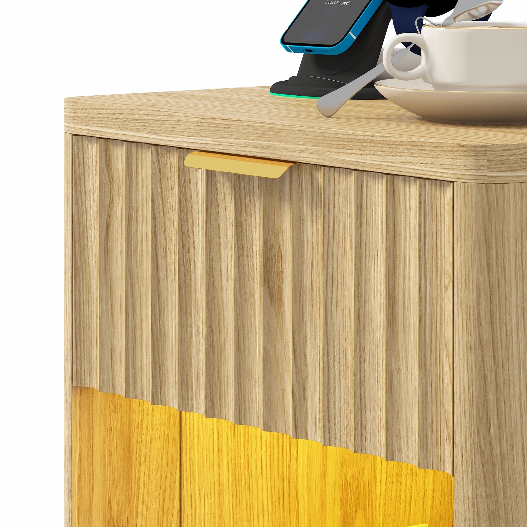 6 Advwin Fluted Wood Bedside Table with LED Light Charging Station Drawer & Shelf - Natural, 6 of 9
