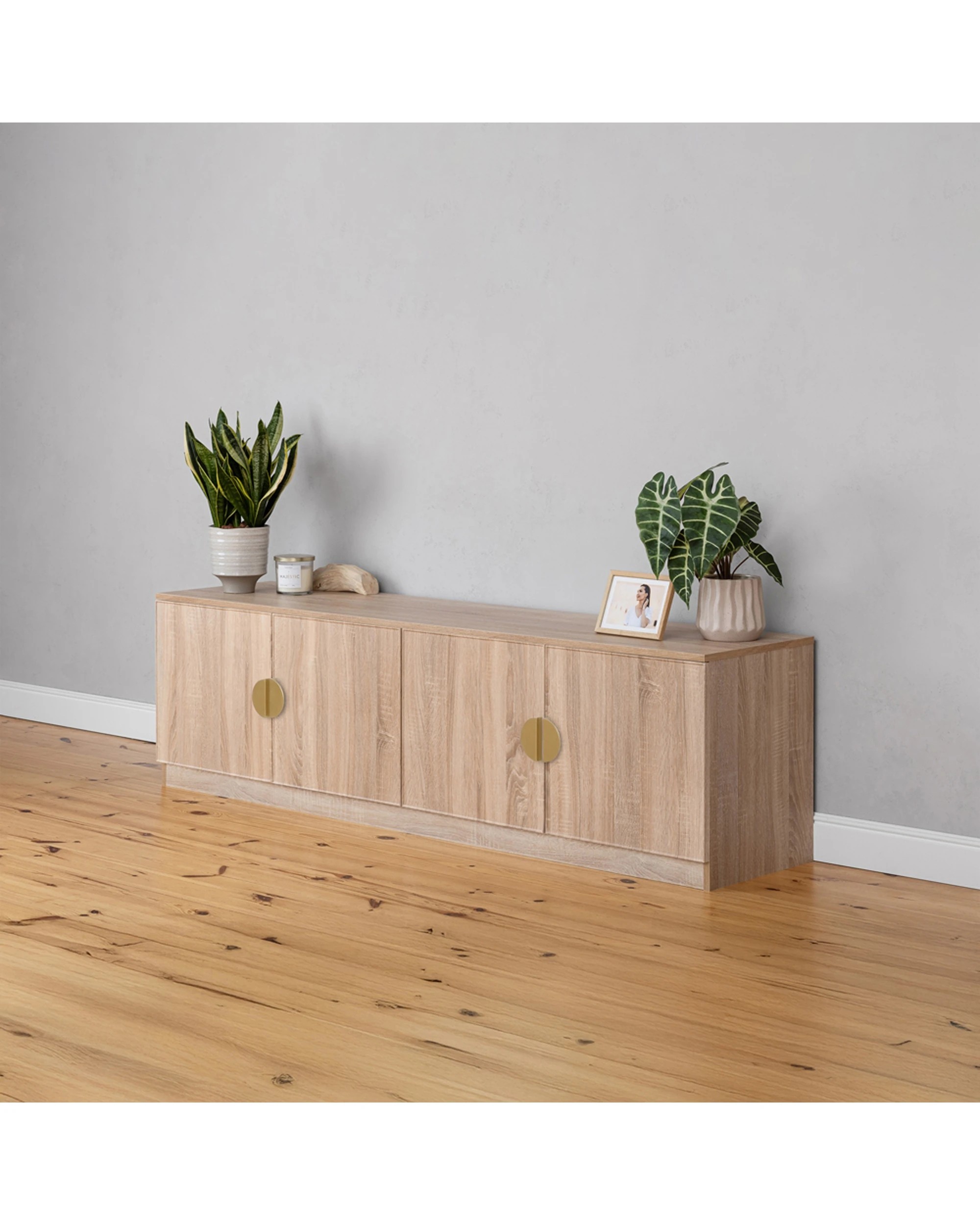 3 European Cabinetry Bucharest Oak Slim TV Unit Furniture Brass Half Moon Handle - Natural, 3 of 4