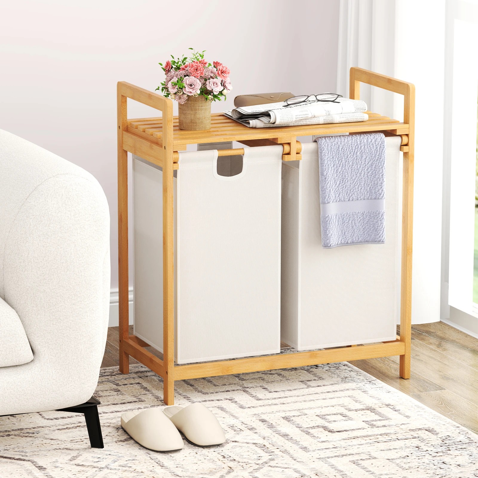 2 Costway Bamboo Laundry Hamper 2-Section Laundry Sorter Basket w/Sliding Bags, 2 of 3