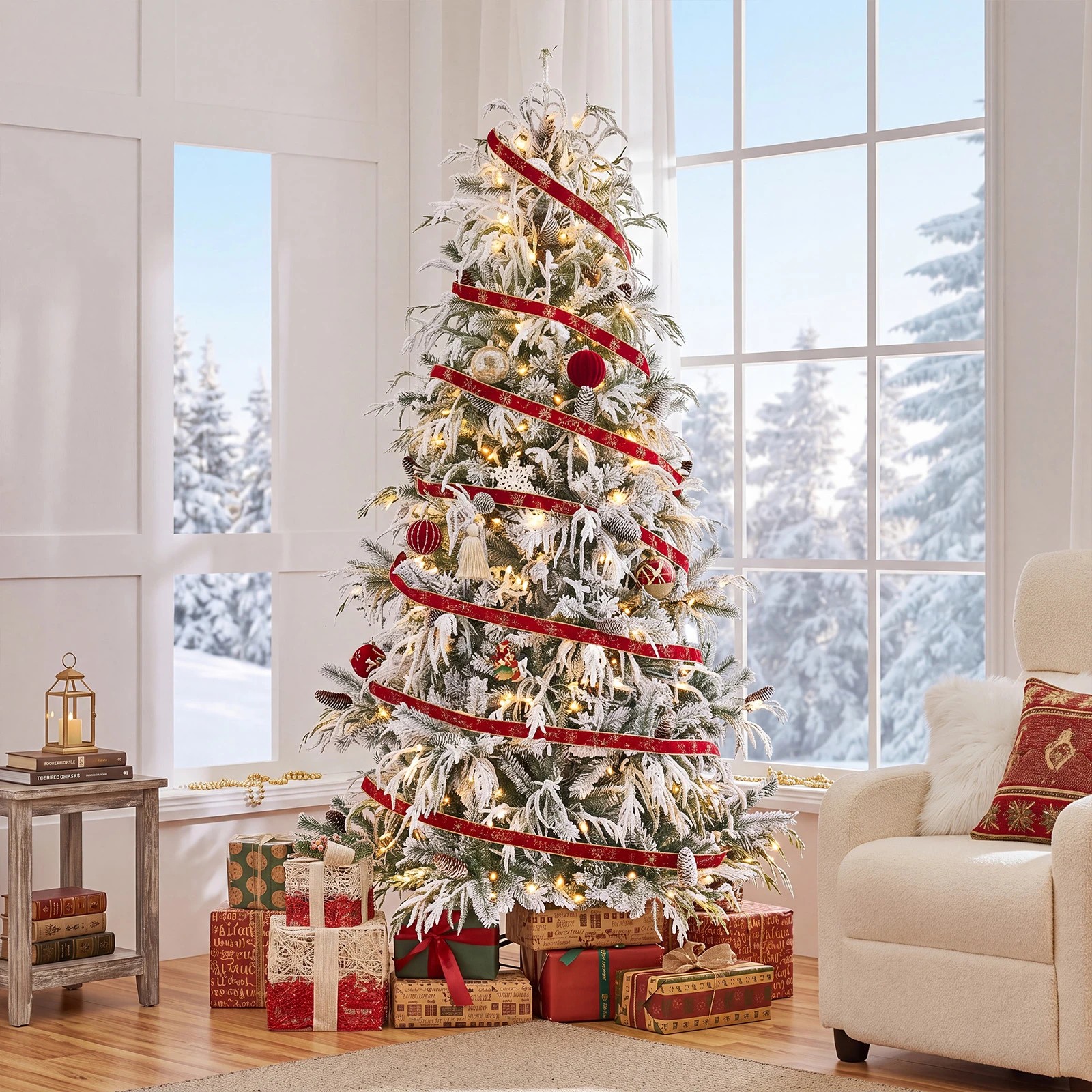 6 Costway 2.1M Flocked Christmas Tree w/35 Natural Pine Cones Pre-Lit Artificial Xmas Tree, 6 of 8