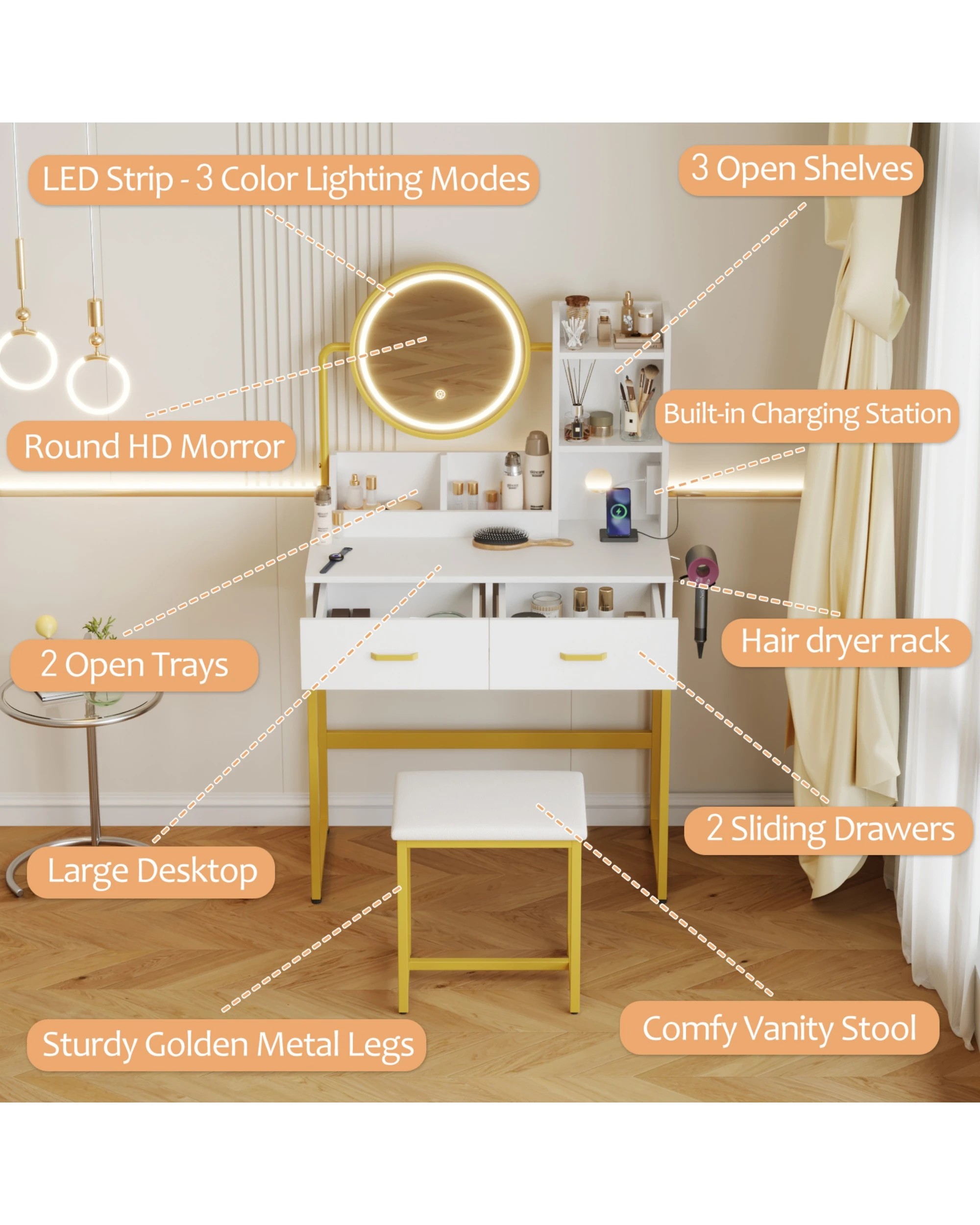 4 Advwin Dressing Table Set With Power Outlet And Led Light 360°adjustable Mirror Angle, 4 of 10