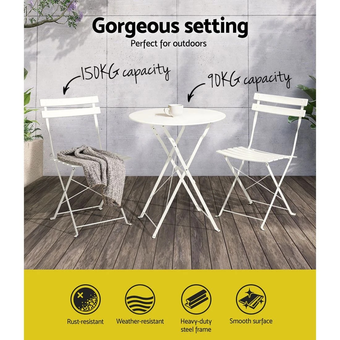 4 Gardeon 3PC Outdoor Bistro Set Steel Table and Chairs Patio Furniture - White, 4 of 6