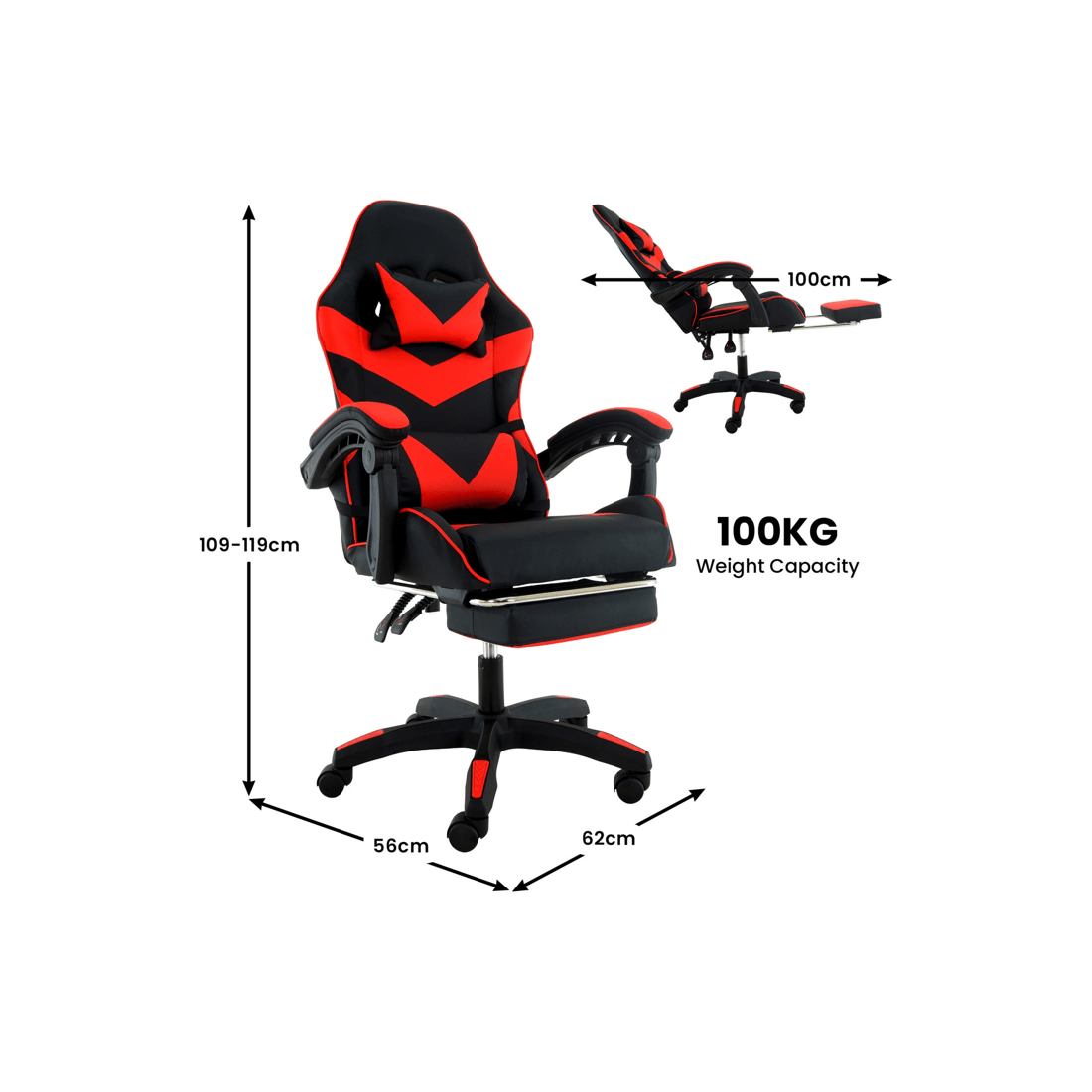 3 Sarantino Cueva Reclining High Back Office Gaming Chair with Retractable Footrest Office Computer Seating Black Red, 3 of 9