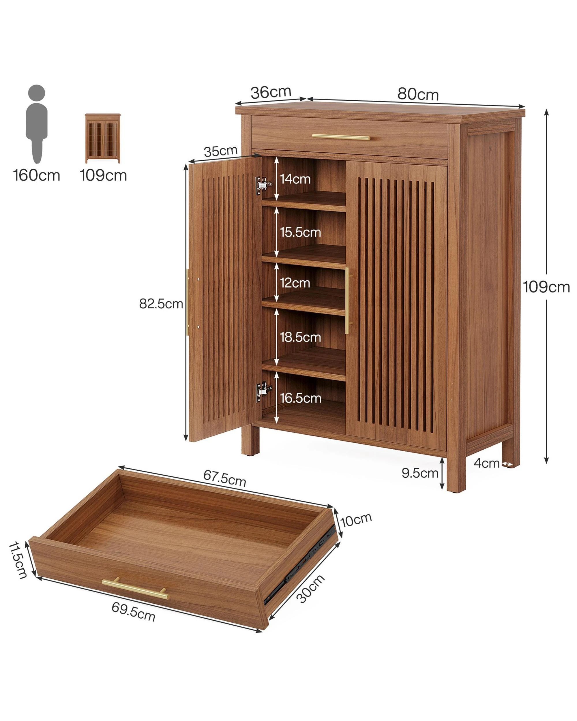 5 OAKORY 5-Tier Shoe Cabinet with Adjustable Shelves, Louvered Doors and Top Drawer in Rustic Brown, 5 of 5