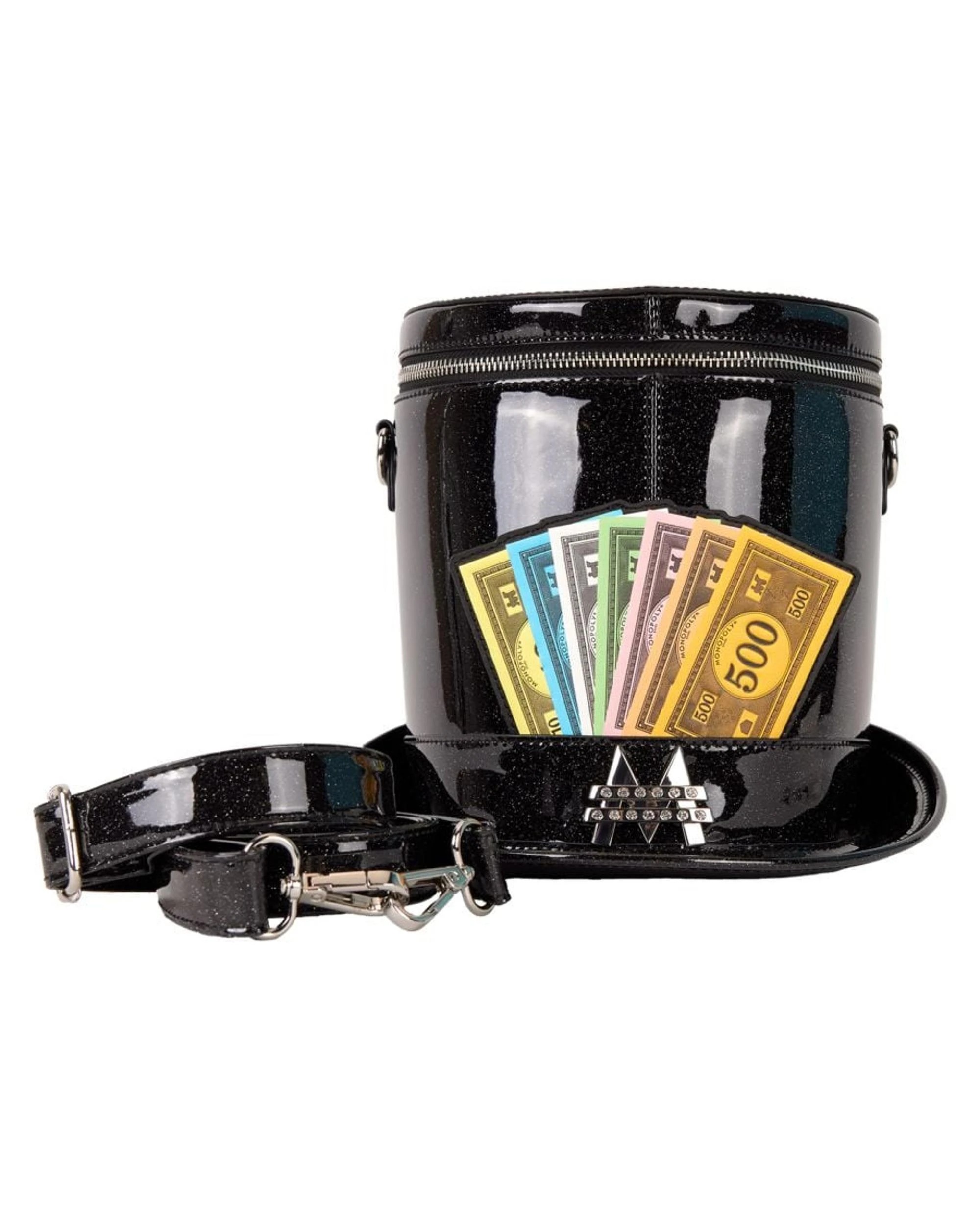 4 Monopoly 90th Anniversary Top Hat Glitter Figural Crossbody Bag - Black, 4 of 8