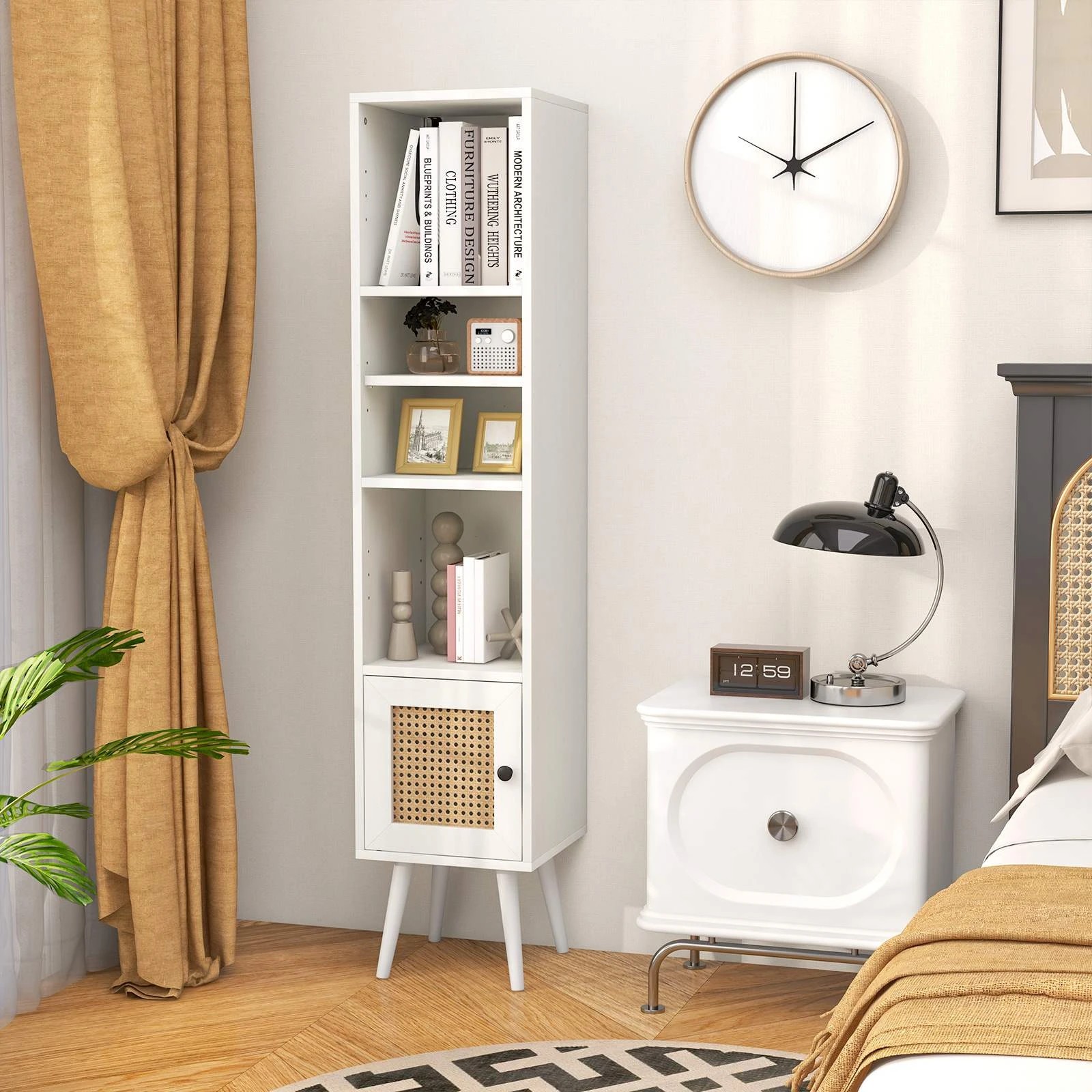 3 Costway Slim Rattan Bookshelf Storage Cabinet Bookshelf w/Adjustable Shelf Display Cupboard - White, 3 of 4