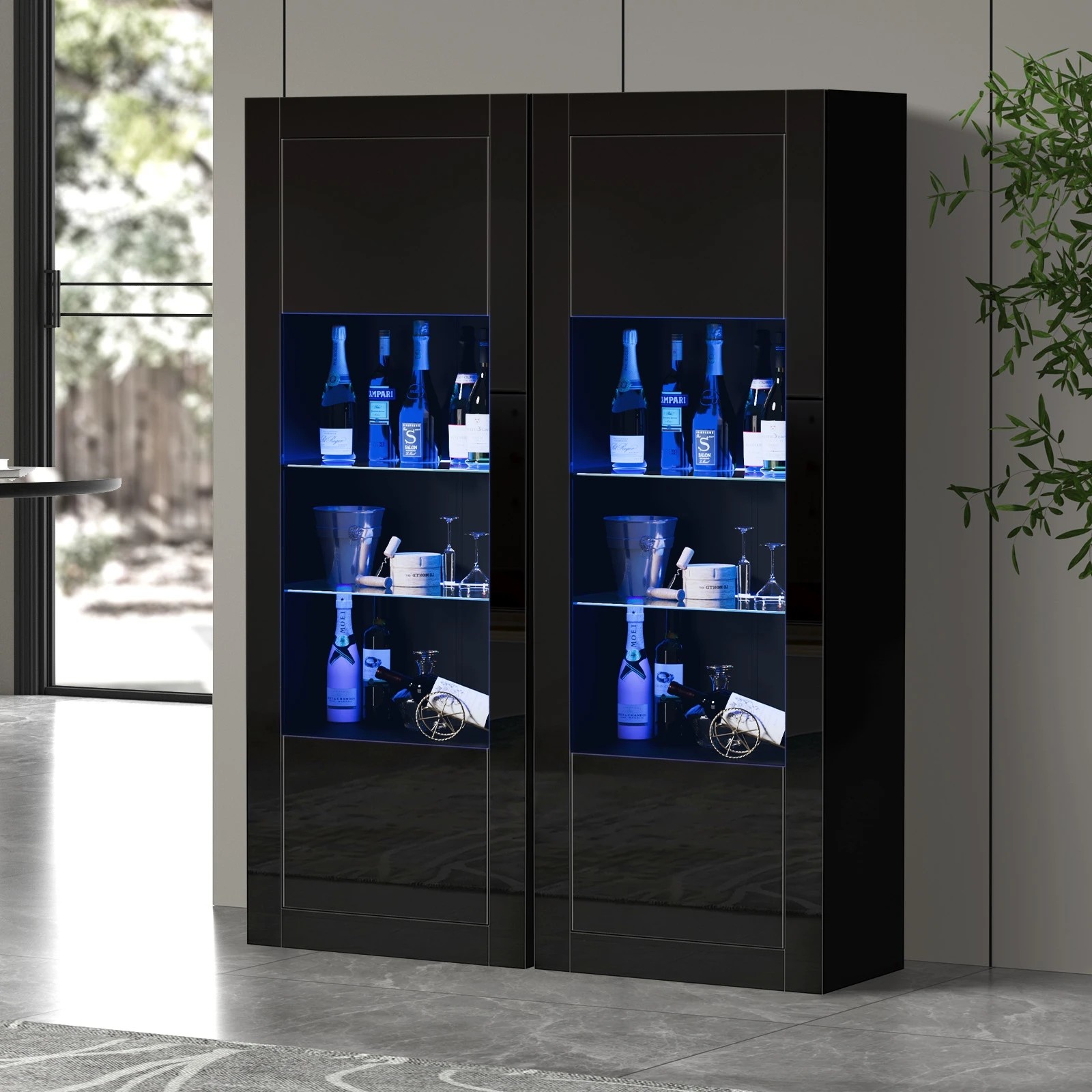 3 Oikiture 2PCS Display Cabinet Sideboard Buffet Storage Cupboard LED Light - Black, 3 of 8