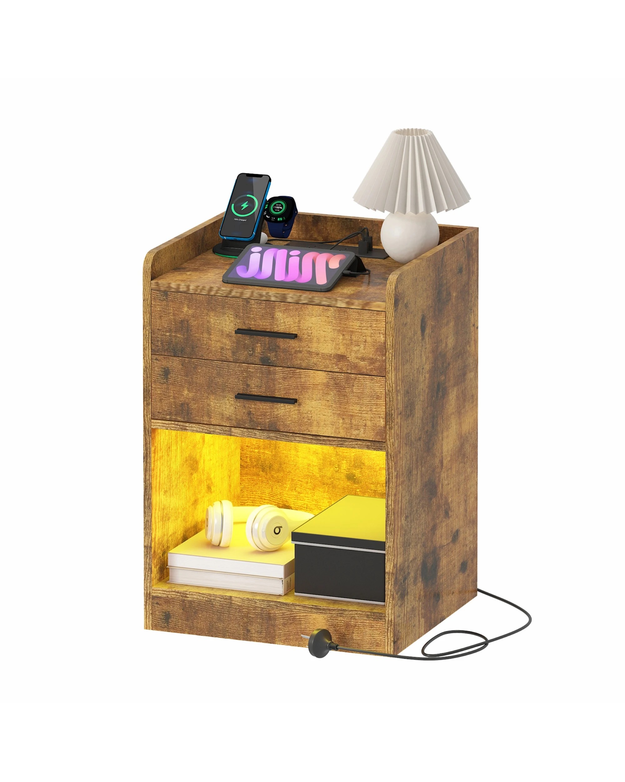 1 Advwin LED Bedside Table with Charging Station 2 Drawers Nightstand - Brown, 1 of 9