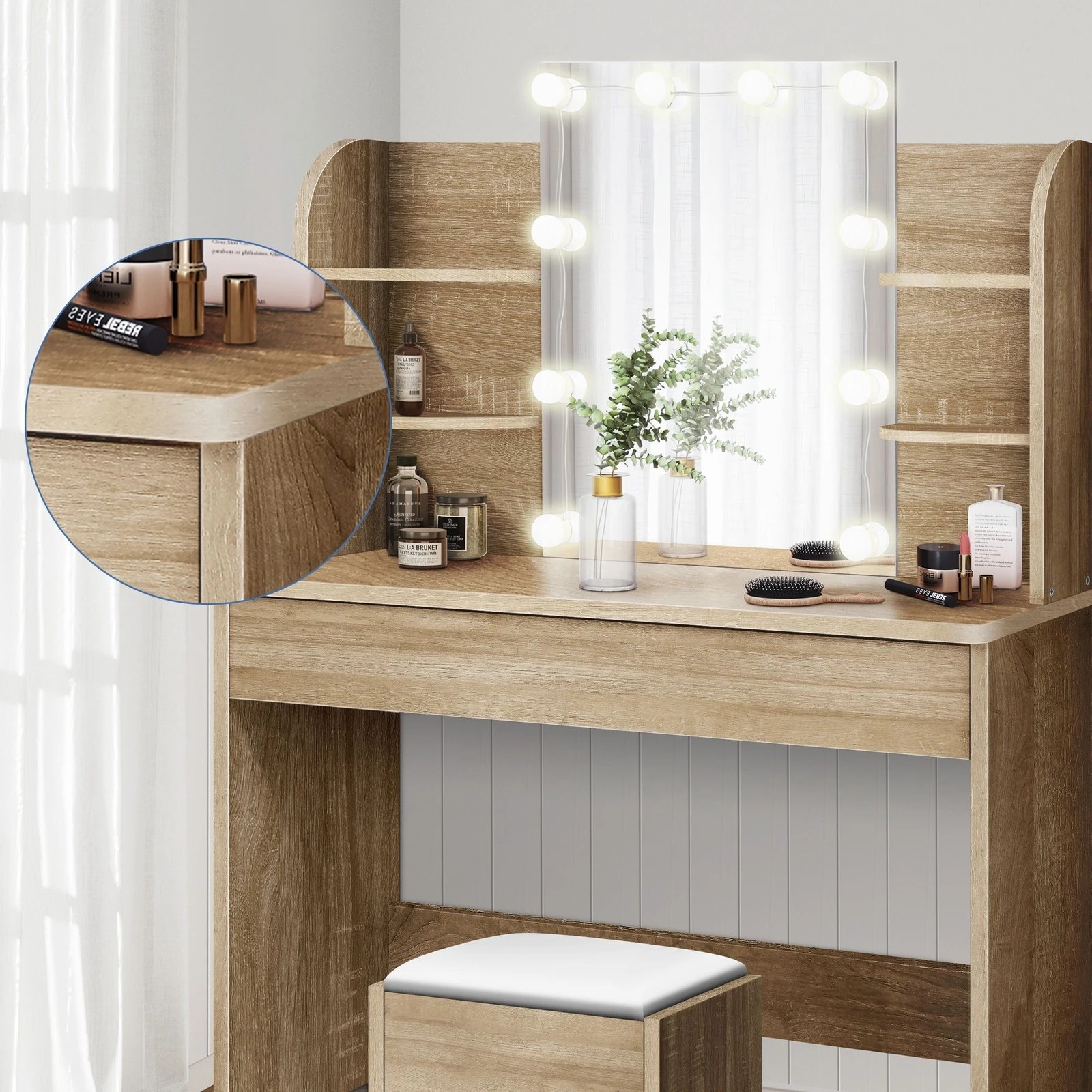 2 Alfordson Dressing Table Stool Set Makeup Mirror Vanity Desk LED Bulbs - Wood, 2 of 10