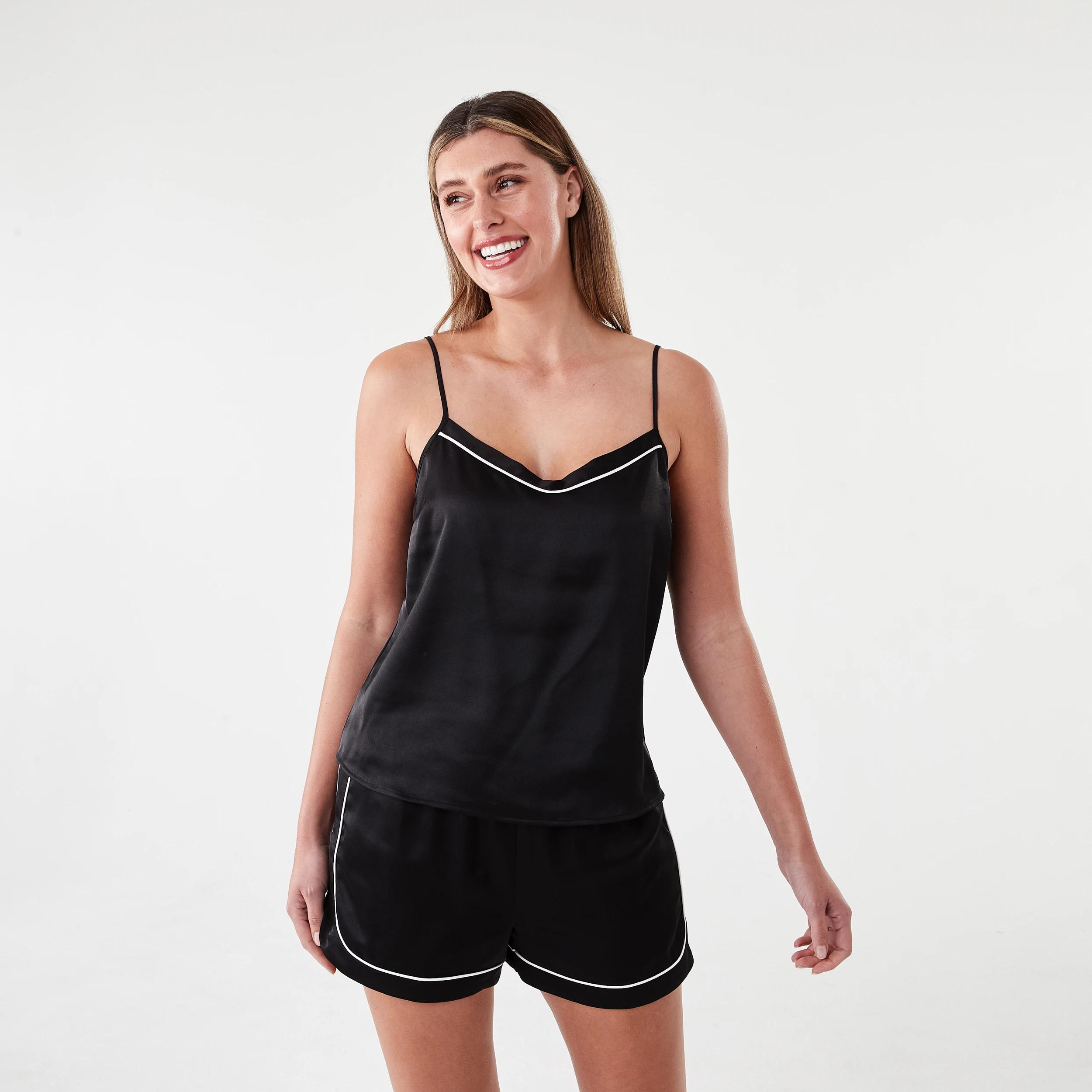 1 Satin Cami and Shorts Pyjama Set Black, 1 of 8